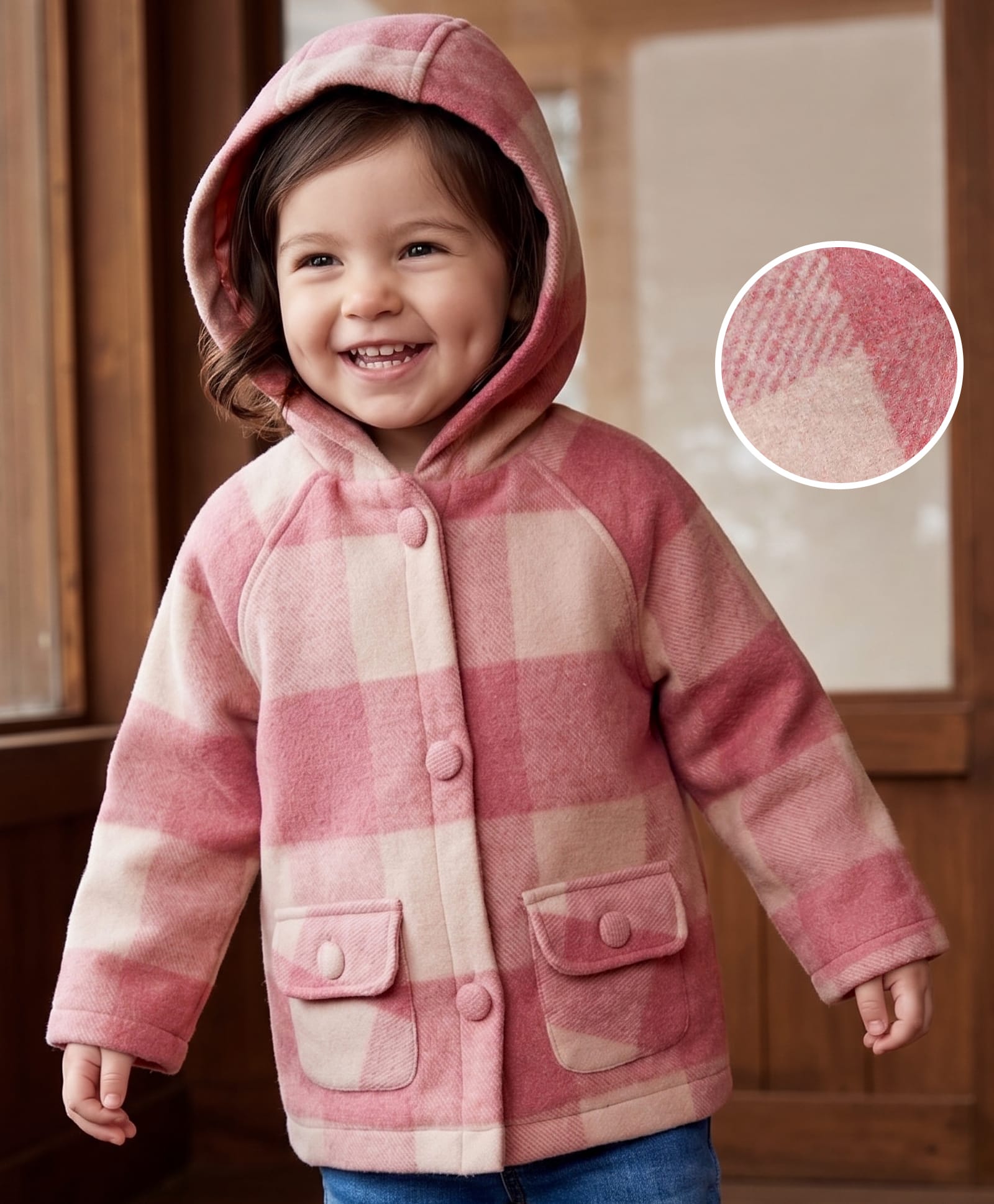 Babyhug Suede Woven Checked Hooded Jacket with Full Sleeves - Pink-image-13