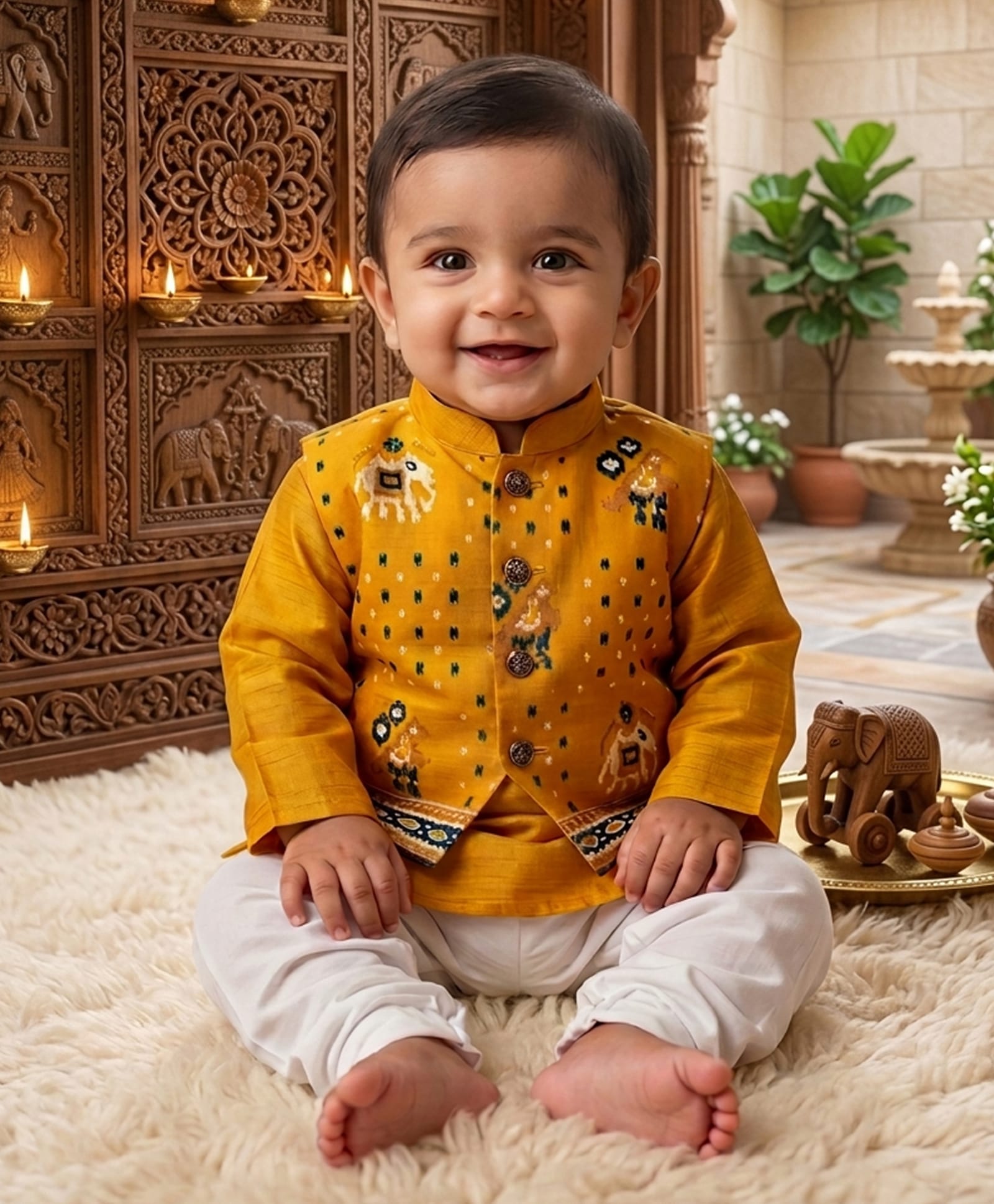 Kinder Kids Cotton Woven Full Sleeves Solid Kurta Pyjama Set With Patola Printed Jacket - Yellow-image-39