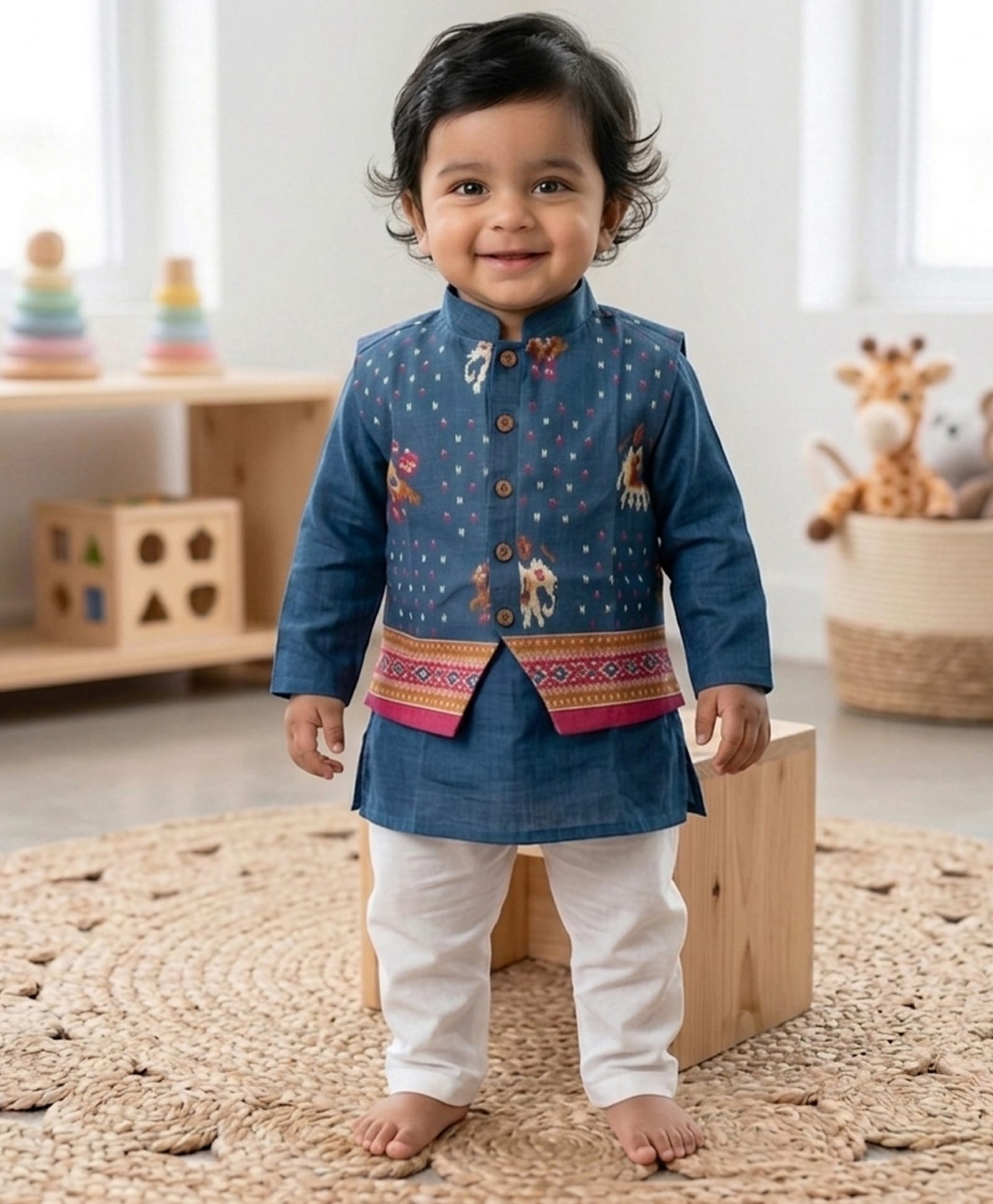 Kinder Kids Cotton Woven Full Sleeves Solid Kurta Pyjama Set With Patola Printed Jacket - Blue-image-28