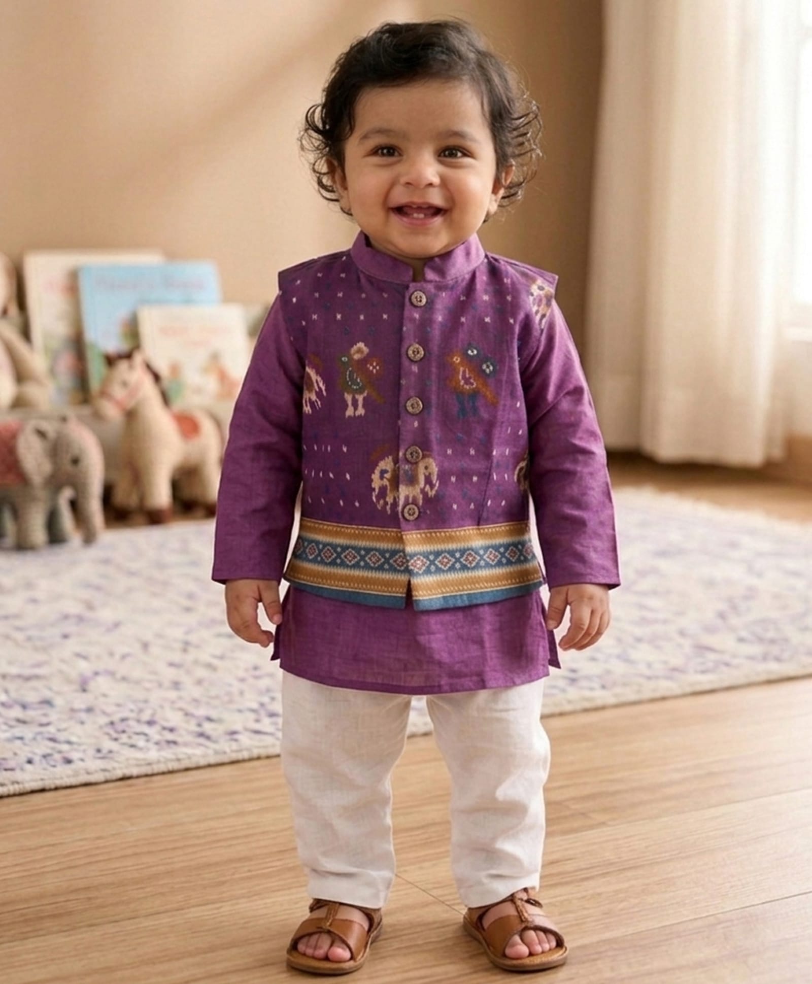 Kinder Kids Cotton Woven Full Sleeves Solid Kurta Pyjama Set With Patola Printed Jacket - Purple-picture-27