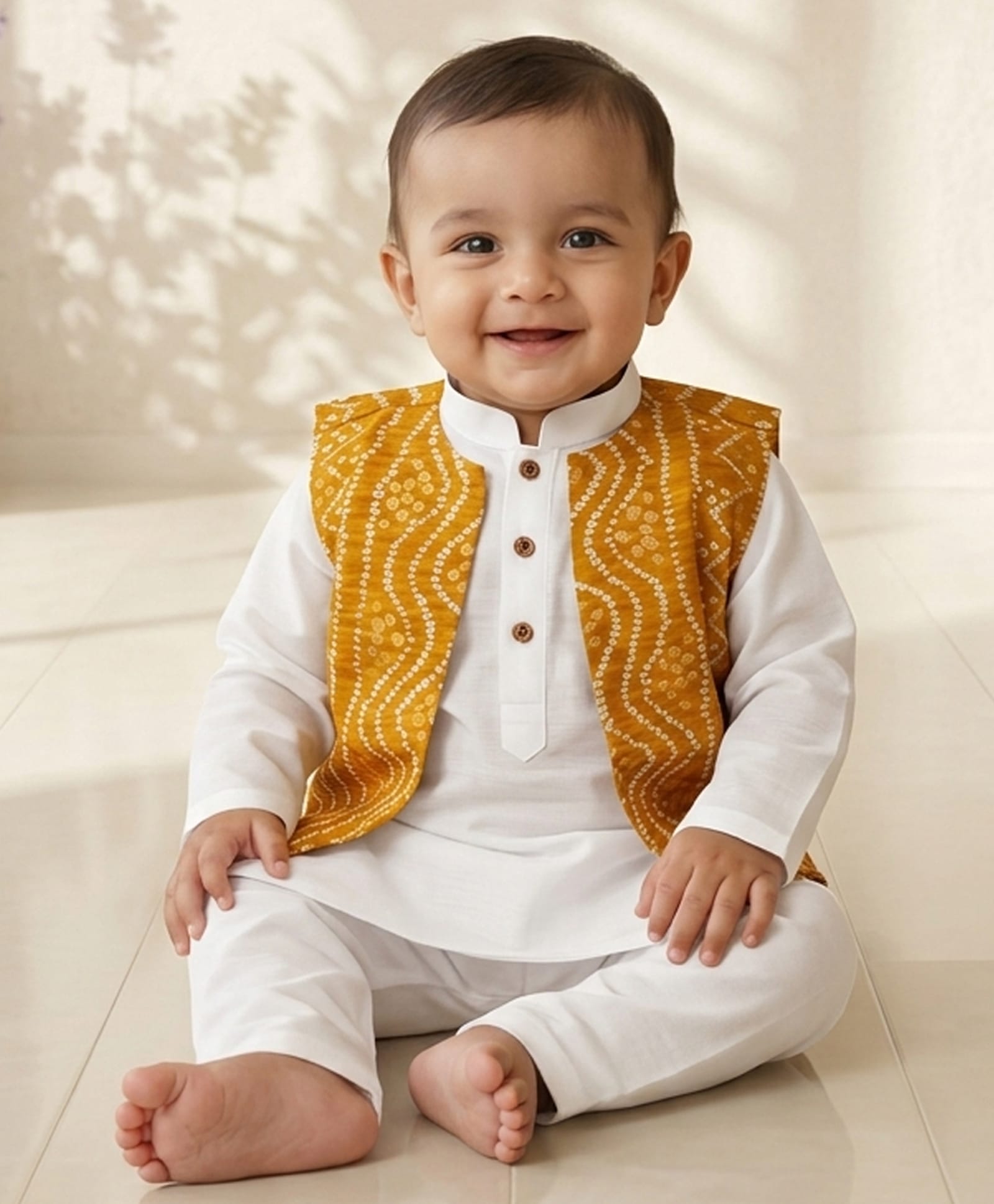 Kinder Kids Cotton Woven Full Sleeves Solid Kurta Pyjama Set With Bandhani Printed Jacket - White & Yellow-picture-25