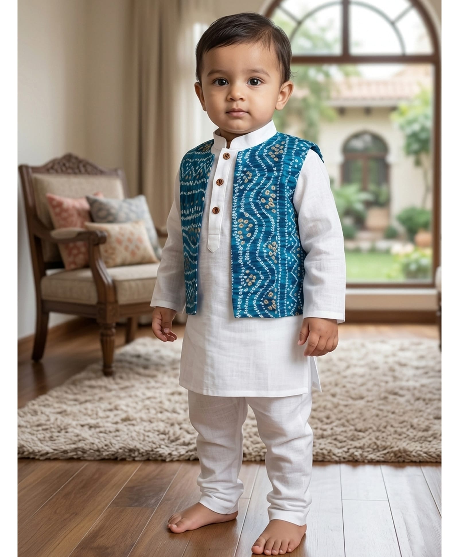 Kinder Kids Cotton Woven Full Sleeves Solid Kurta Pyjama Set With Bandhani Printed Jacket - White & Blue-picture-32