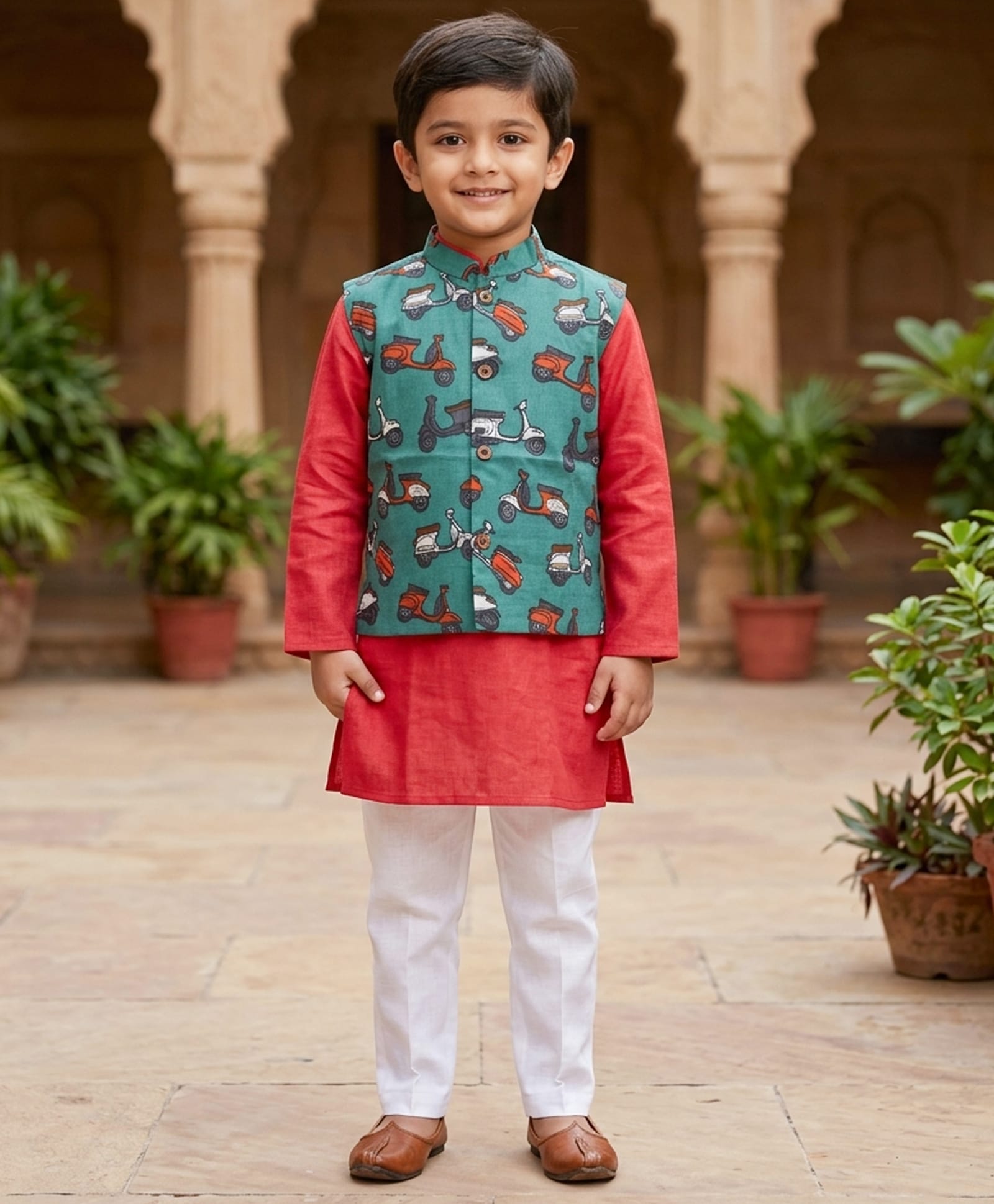 Kinder Kids Cotton Woven Full Sleeves Solid Kurta Pyjama Set With Moped Printed Jacket - Red & Green-picture-38