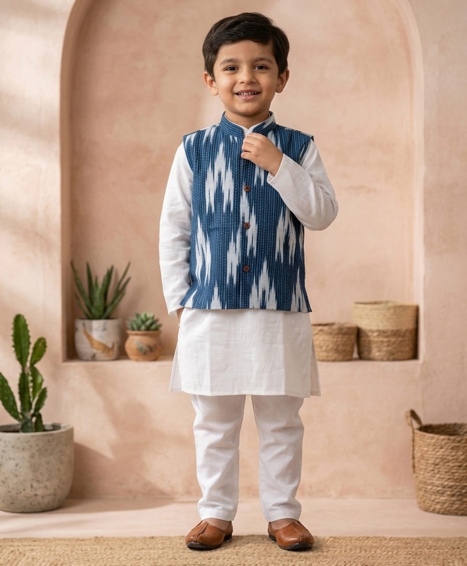 Kinder Kids Cotton Woven Full Sleeves Solid Kurta Pyjama Set With Ikat Printed Jacket - White & Blue-image-27