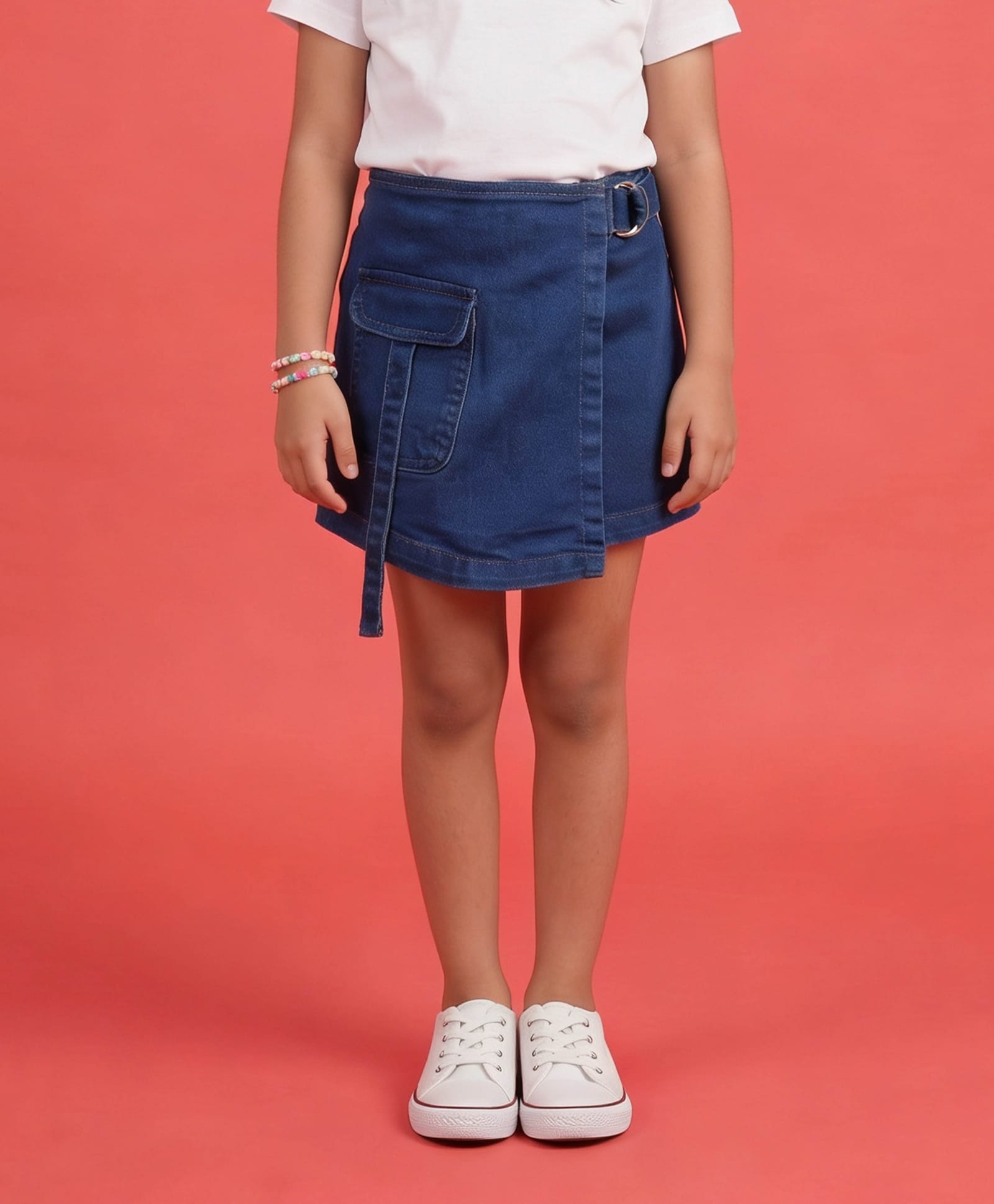Kiddopanti Denim Solid Skort - Mid Wash Blue-picture-14