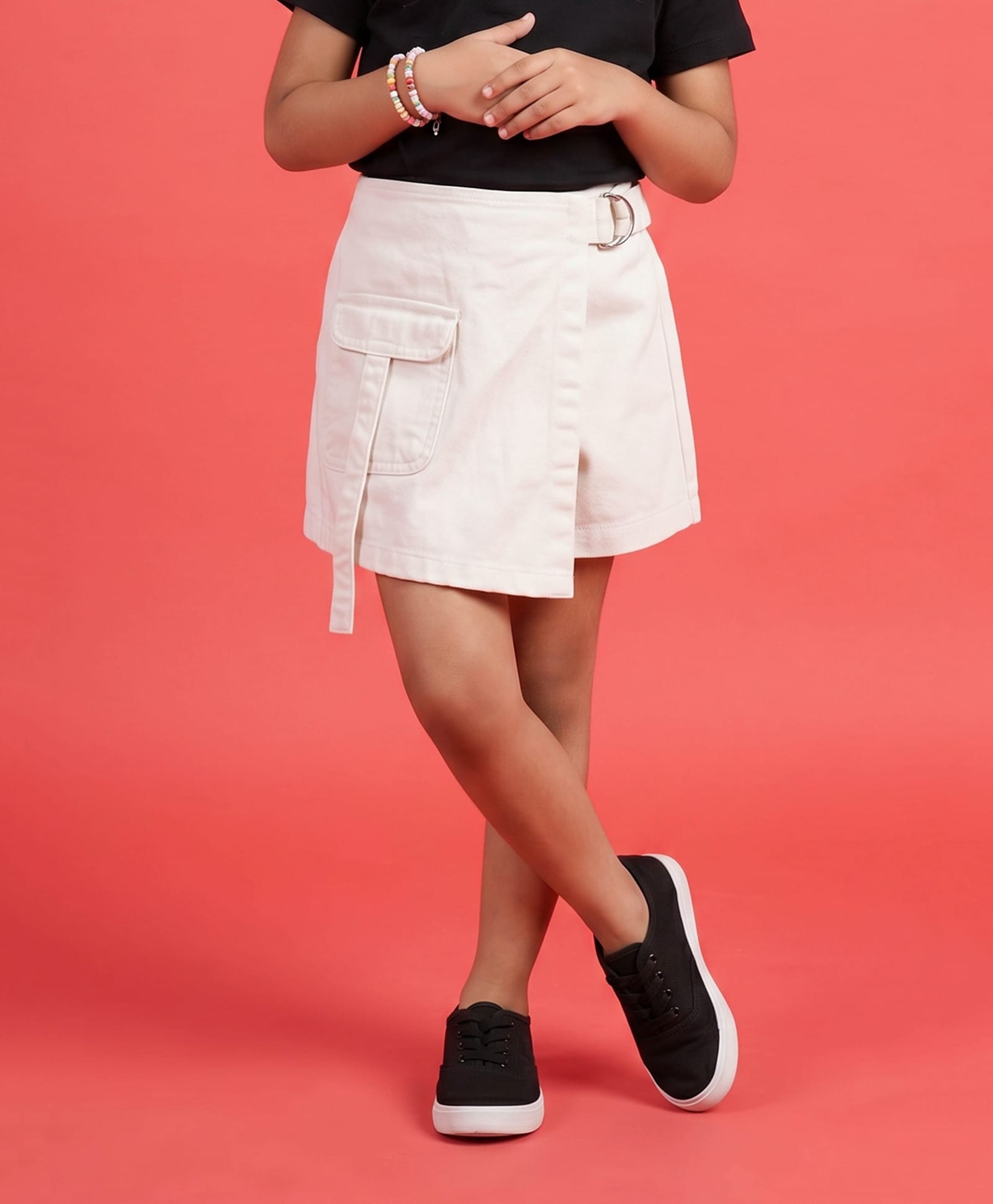 Kiddopanti Denim Solid Skort - White-image-4