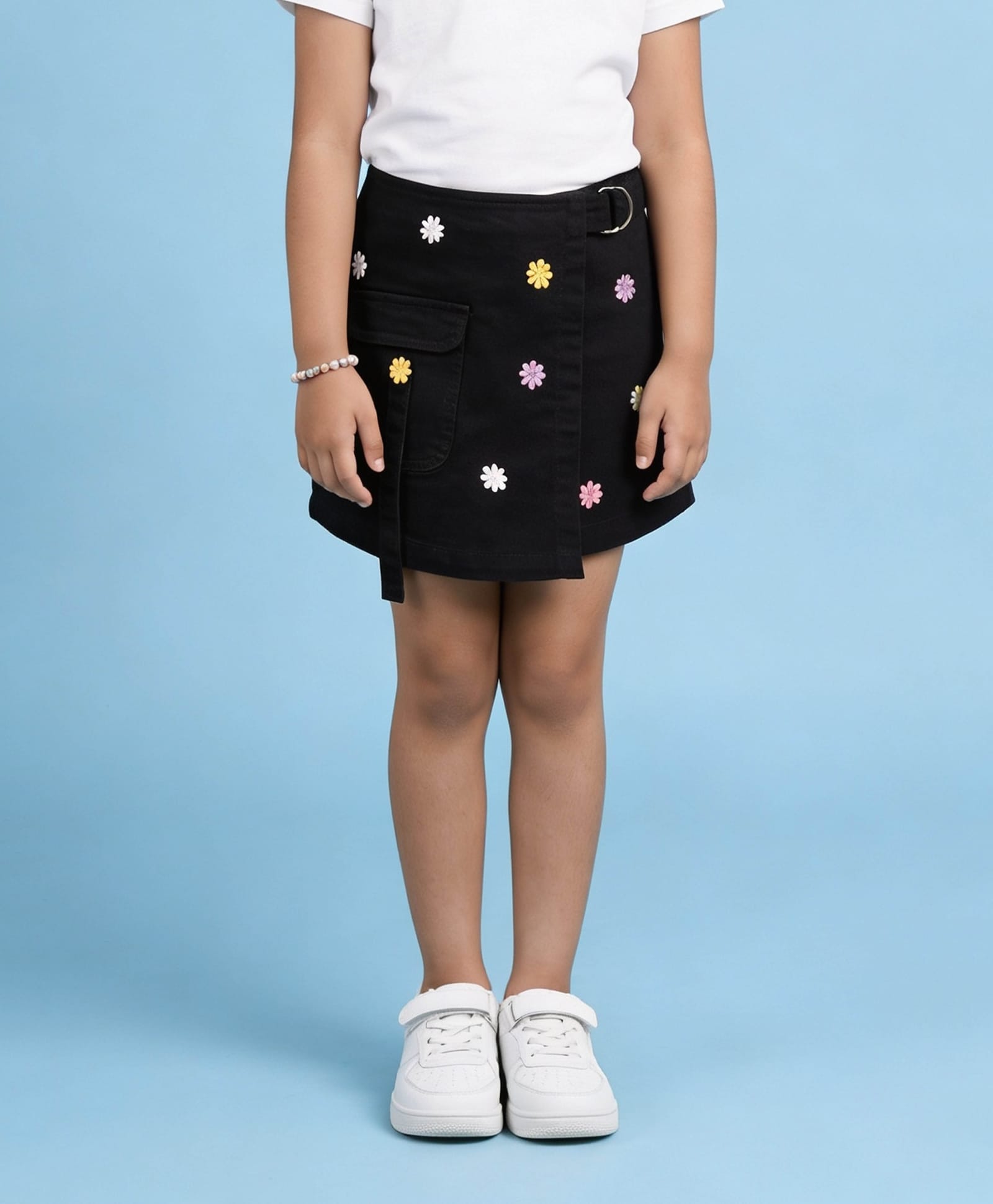 Kiddopanti Denim Floral Embroidered Skort - Black-picture-25
