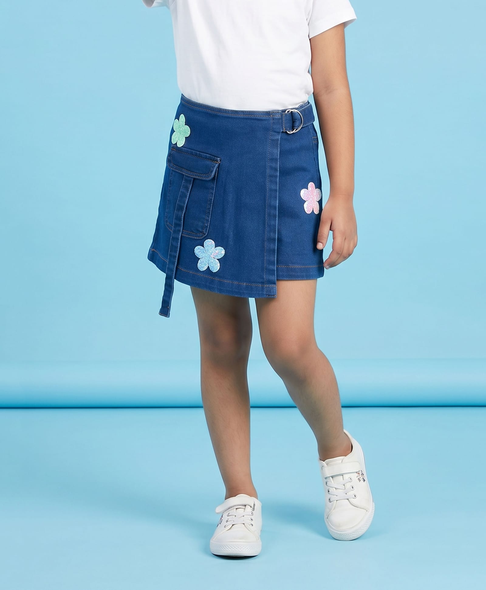 Kiddopanti Denim Sequins Embellished Floral Applique Detailed Skort - Md Wash Blue-picture-40