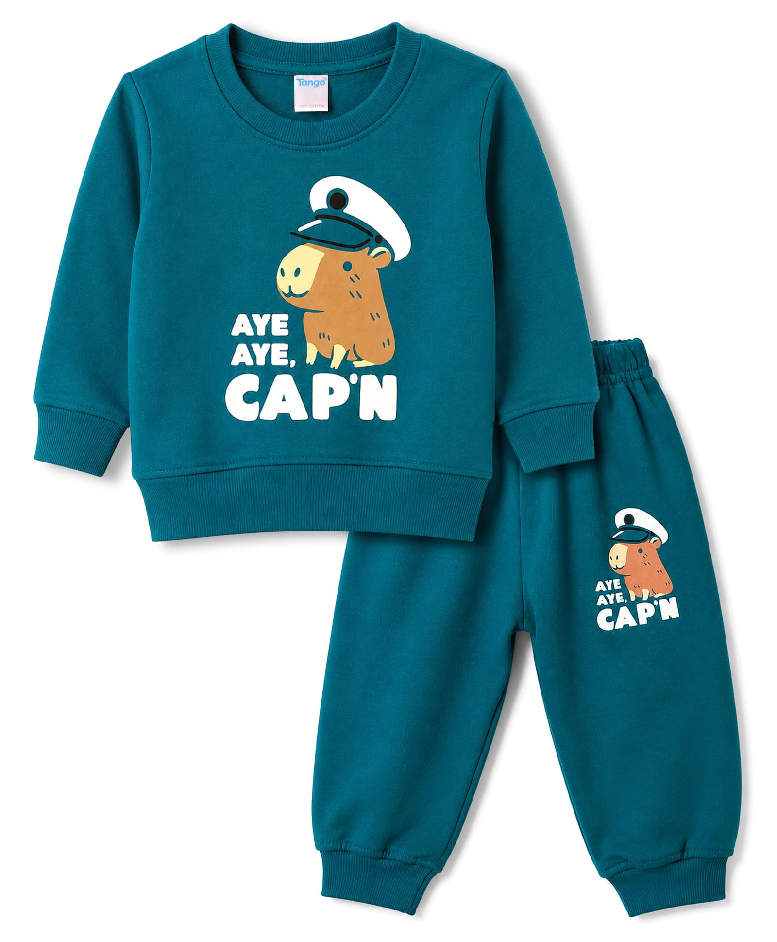Tango Fleece Knit Full Sleeves Winter Wear Set With Animal & Text Print - Teal blue-picture-18