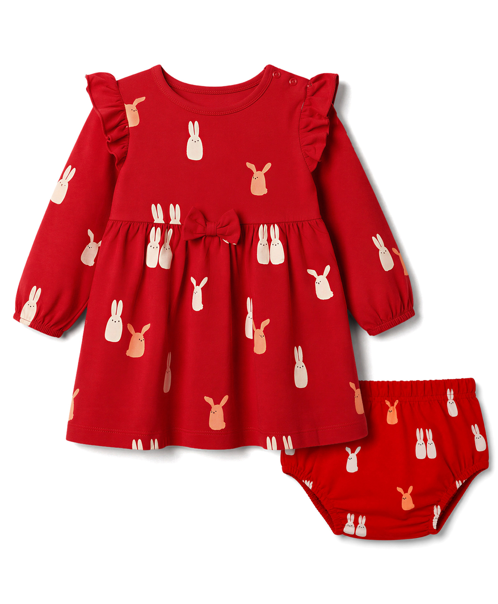 Doodle Poodle 100% Cotton Single Jersey Knit Full Sleeves Bunny Face Printed Frock With Bow Applique - Dark Red-picture-26