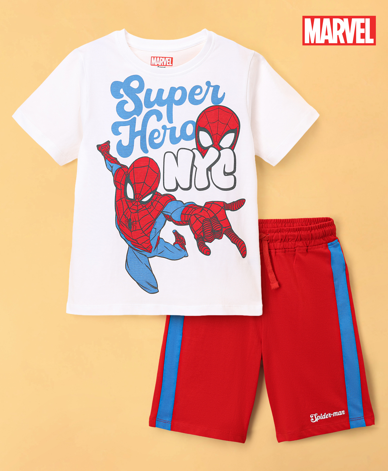 Pine Kids Marvel Single Jersey Knit Half Sleeves T-Shirt & Shorts Night Suit with Spider-man Print - White-image-32