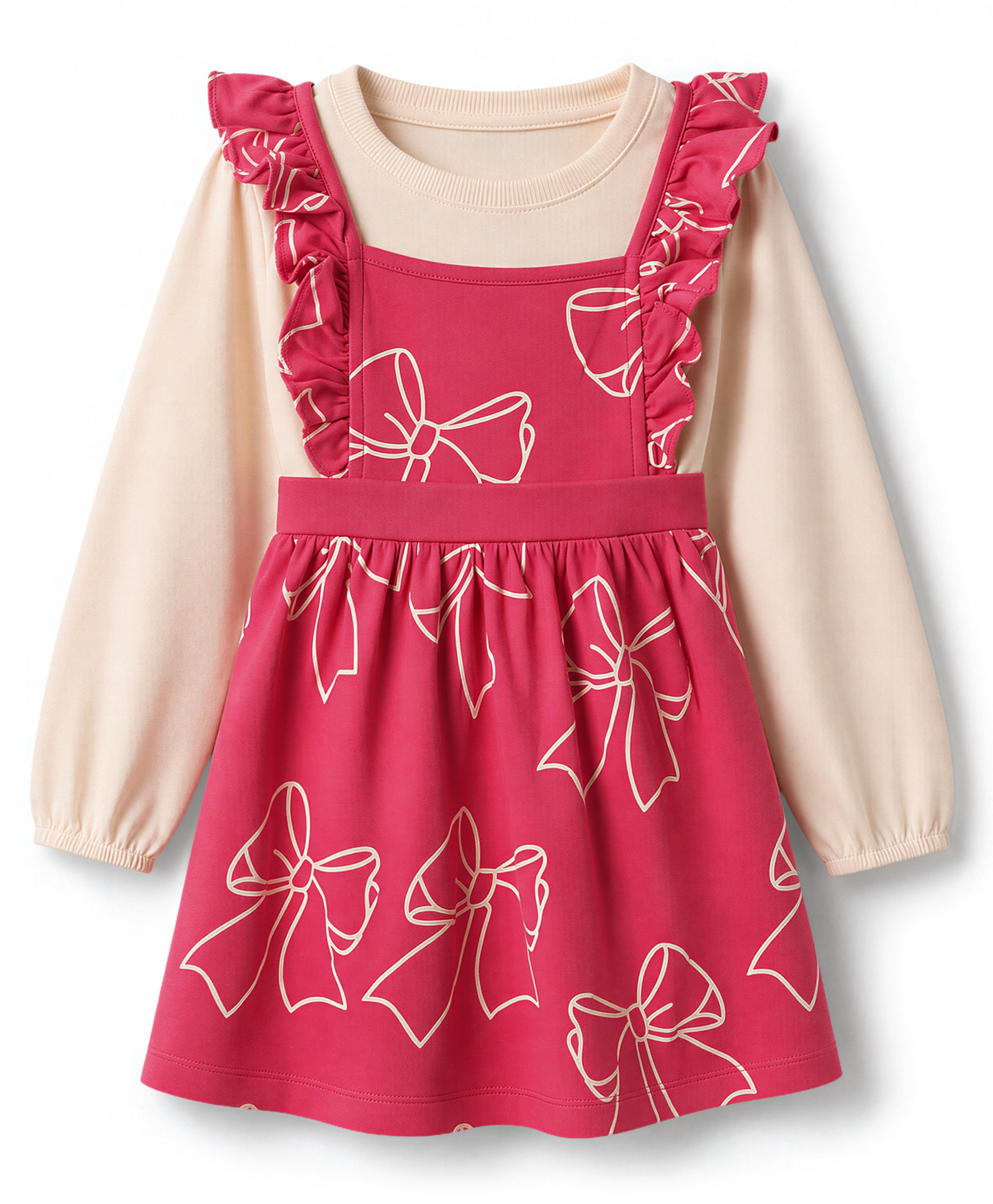 Doodle Poodle 100% Cotton Single Jersey Knit Full Sleeves Frock with Inner Tee and Bow Print - Baby Pink-image-17