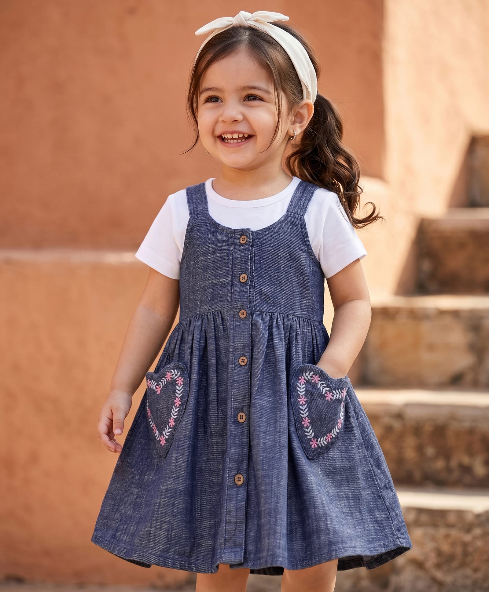 Babyhug Denim Woven Half Sleeves Floral Embroidered Frock With Inner Tee - Blue-image-19