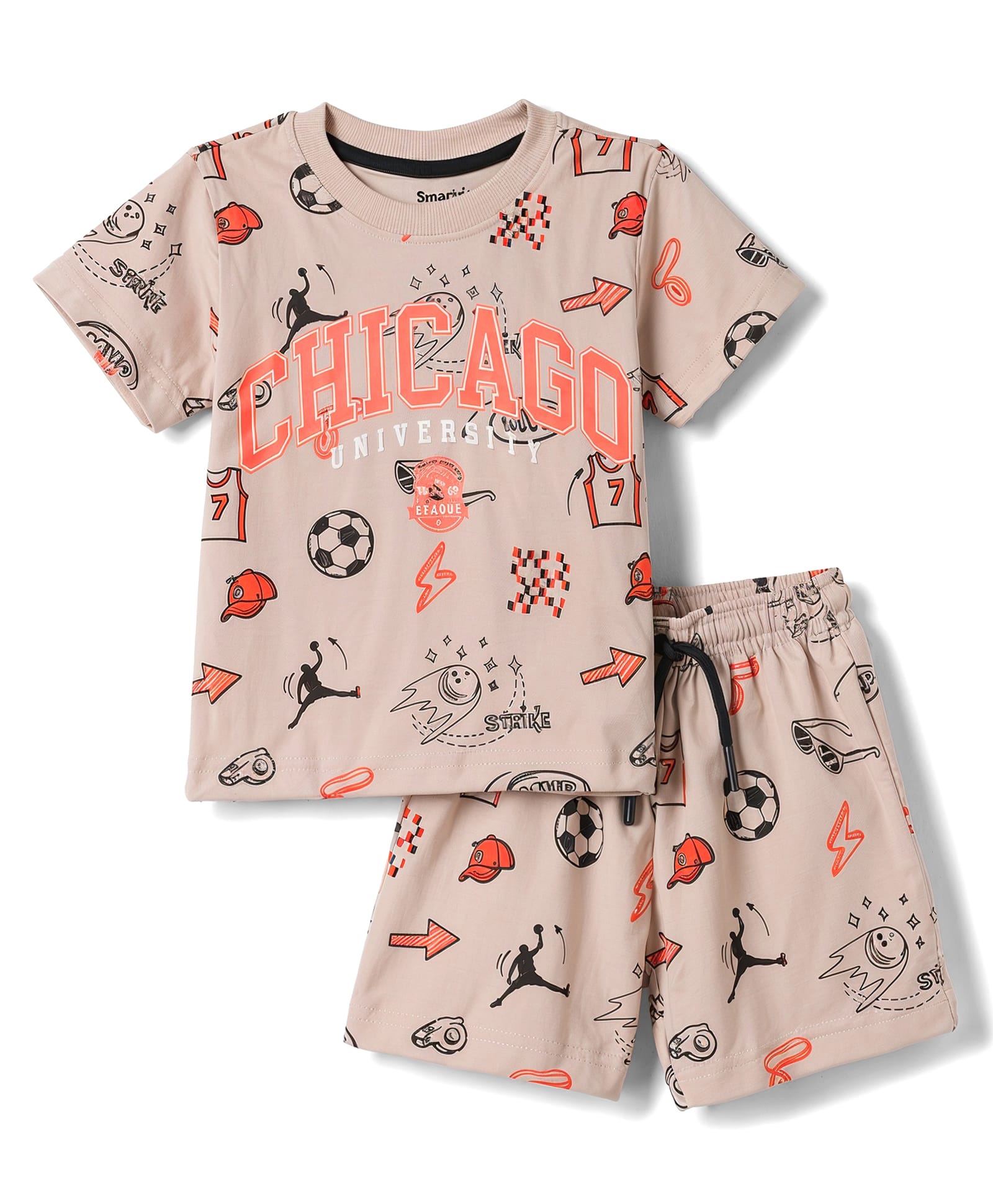 Smarty Boys 100% Cotton Knit Half Sleeves Sports Theme & Text Printed Co-Ords T-Shirt & Shorts Night Suit - Beige-image-48