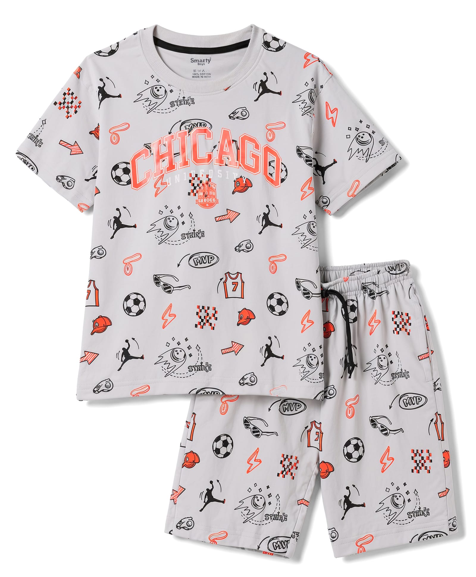 Smarty Boys 100% Cotton Knit Half Sleeves Sports Theme & Text Printed T-Shirt & Shorts Night Suit - Grey-image-18