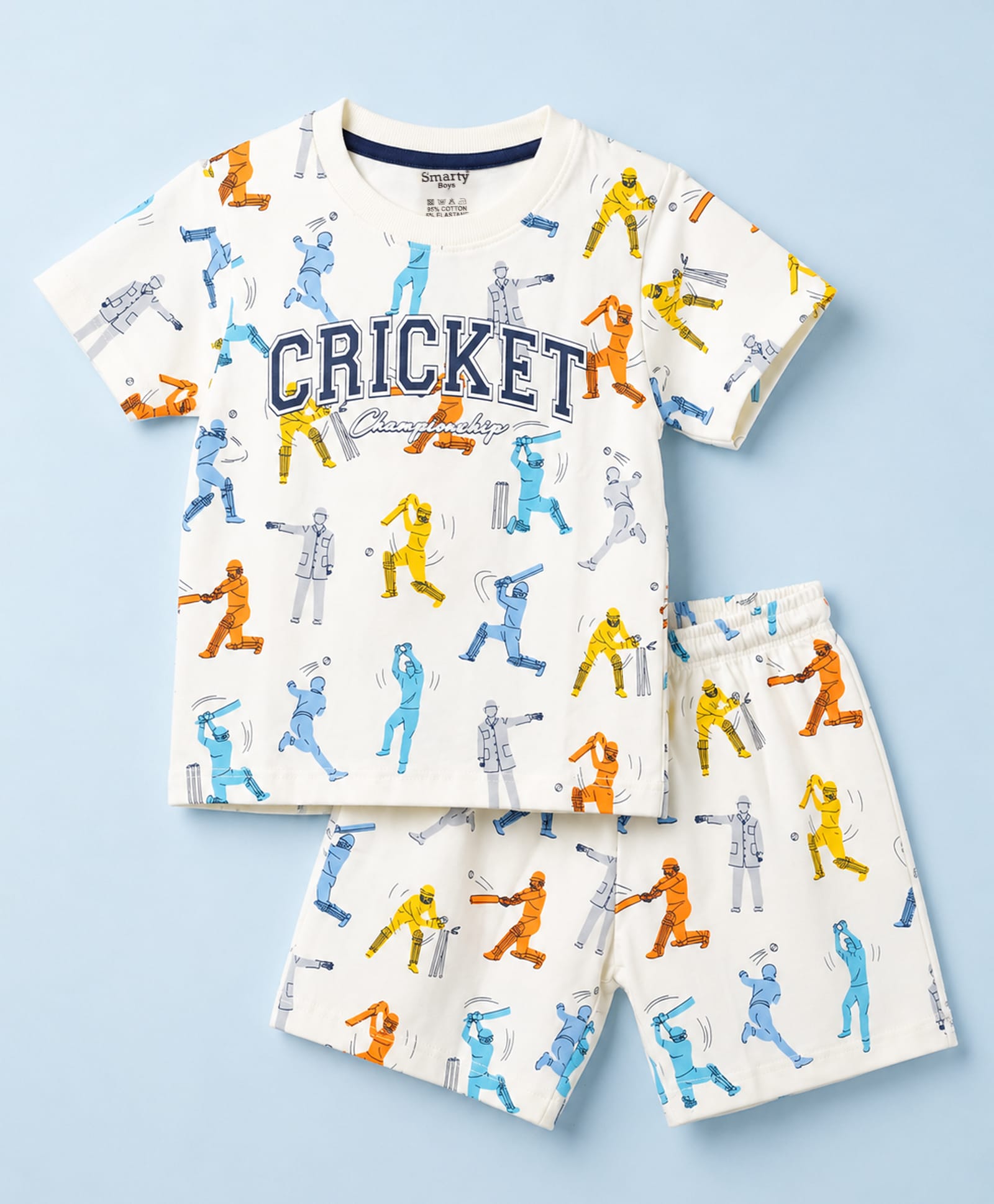Smarty Boys 100% Cotton Knit Half Sleeves Co-Ords T-Shirt & Shorts Night Suit With Cricket Theme Print - OffWhite-image-16