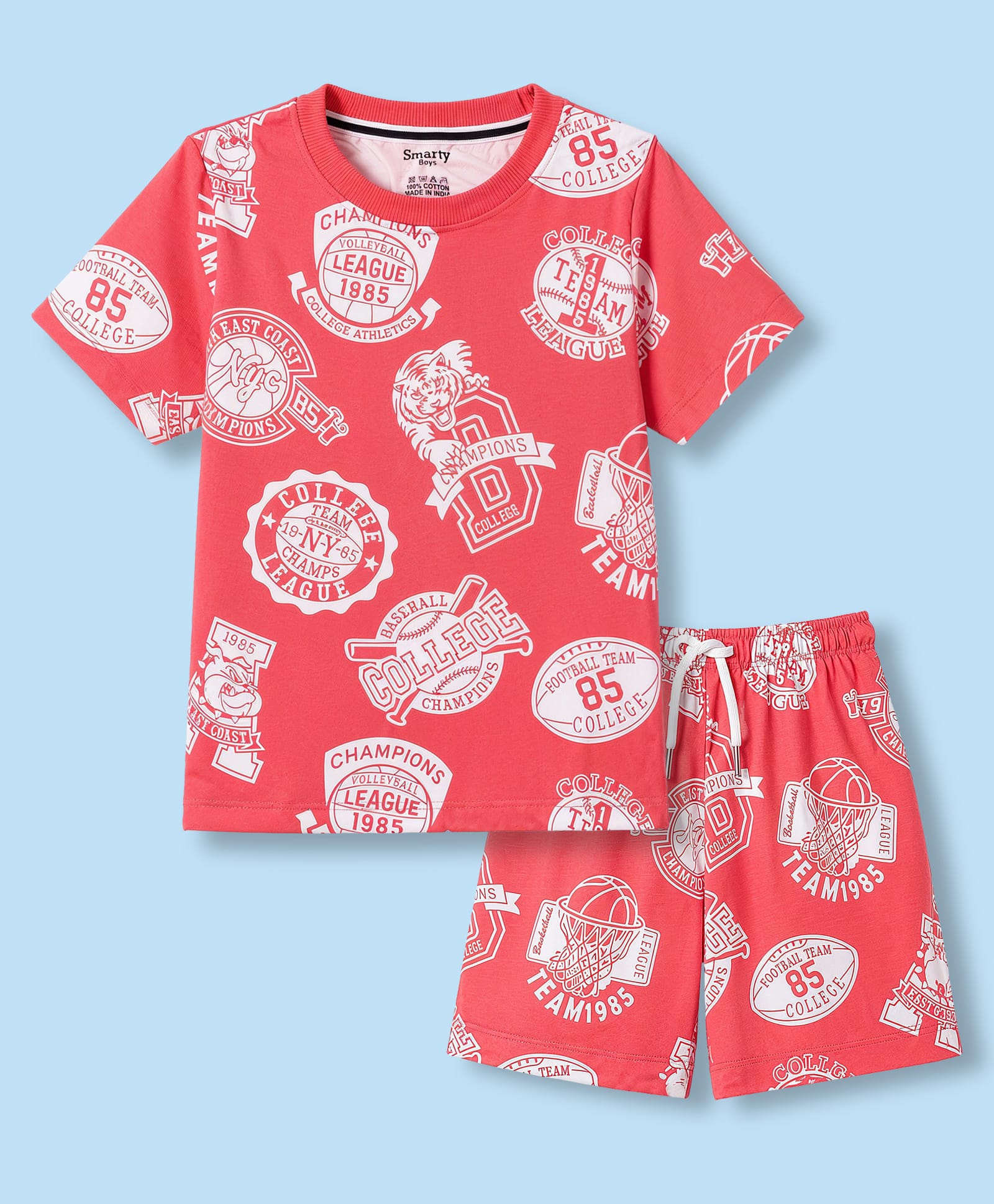 Smarty Boys Knit Half Sleeves Co-Ords T-Shirt & Shorts Night Wear Suit Varsity Theme Print - Coral-image-30