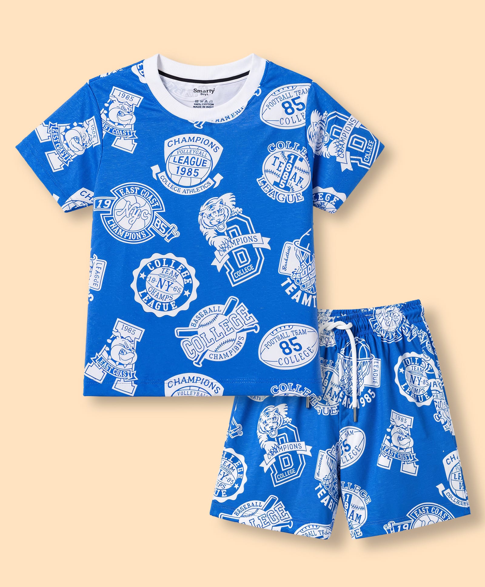 Smarty Boys Knit Half Sleeves Co-Ords T-Shirt & Shorts Night Wear Suit Varsity Theme Print - Blue-image-17