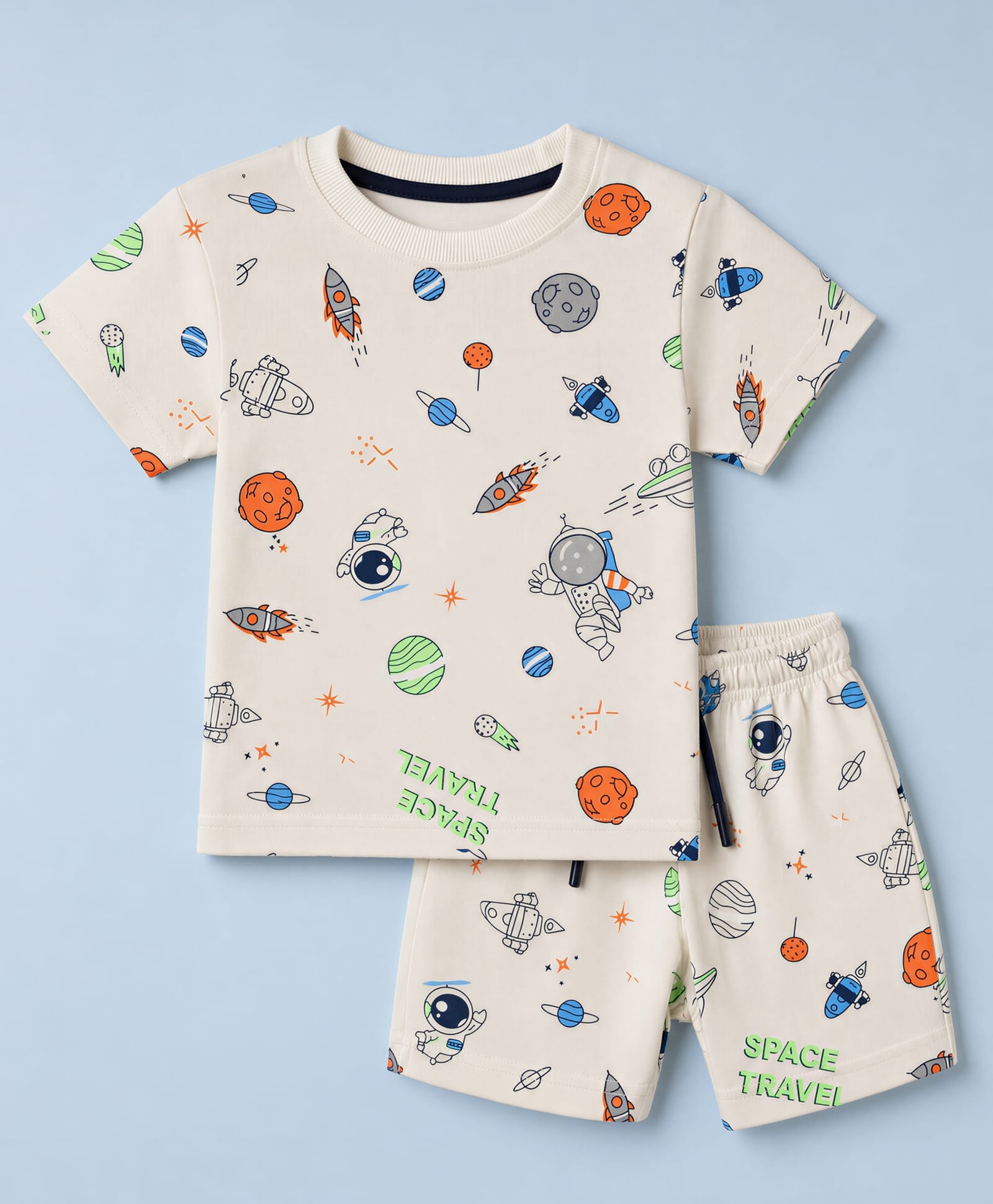 Smarty Boys Knit Half Sleeves Co-Ords T-Shirt & Shorts Night Wear Suit Space Theme Print - Cream-image-45