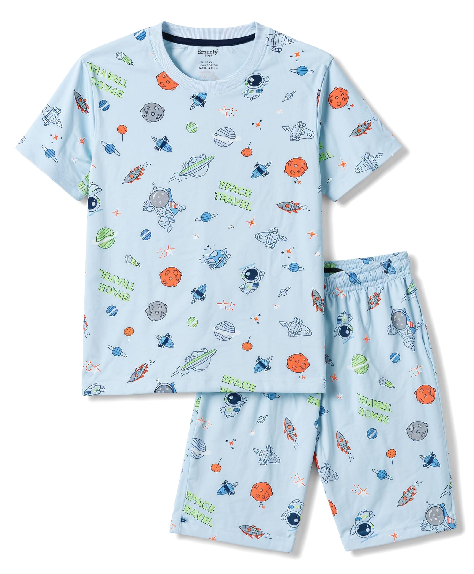 Smarty Boys 100% Cotton Knit Half Sleeves Space Theme Printed T-Shirt & Shorts Night Suit - Light Blue-image-33