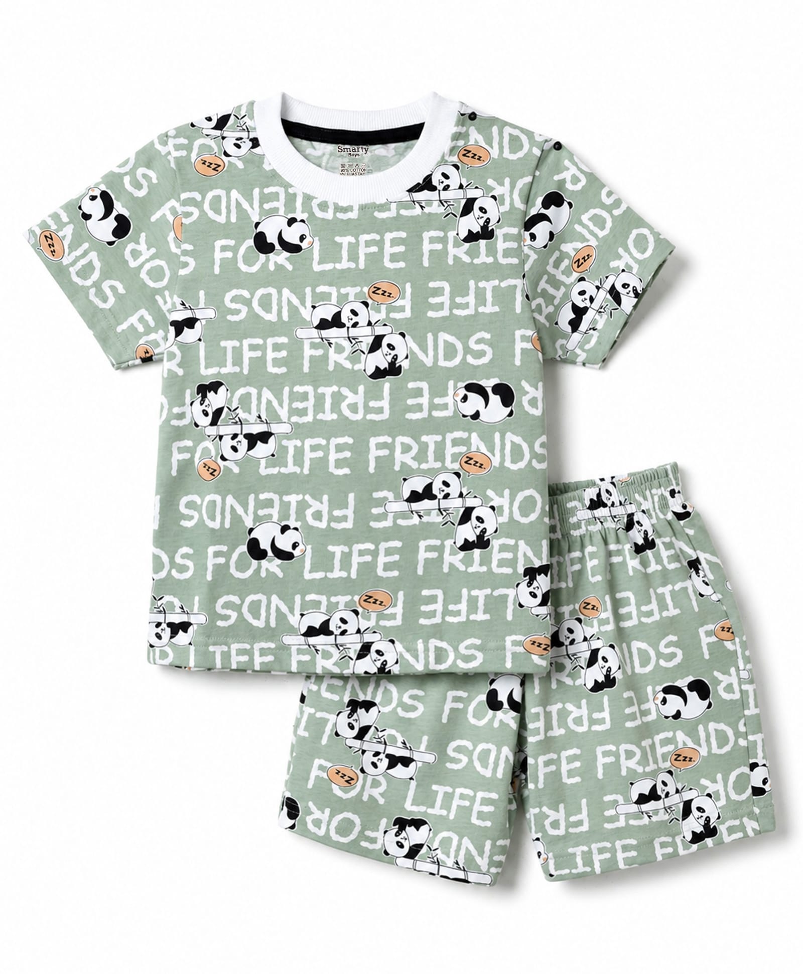 Smarty Boys 100% Cotton Knit Half Sleeves Text & Panda Printed Co-Ords T-Shirt & Shorts Night Suit - Light Green-picture-44