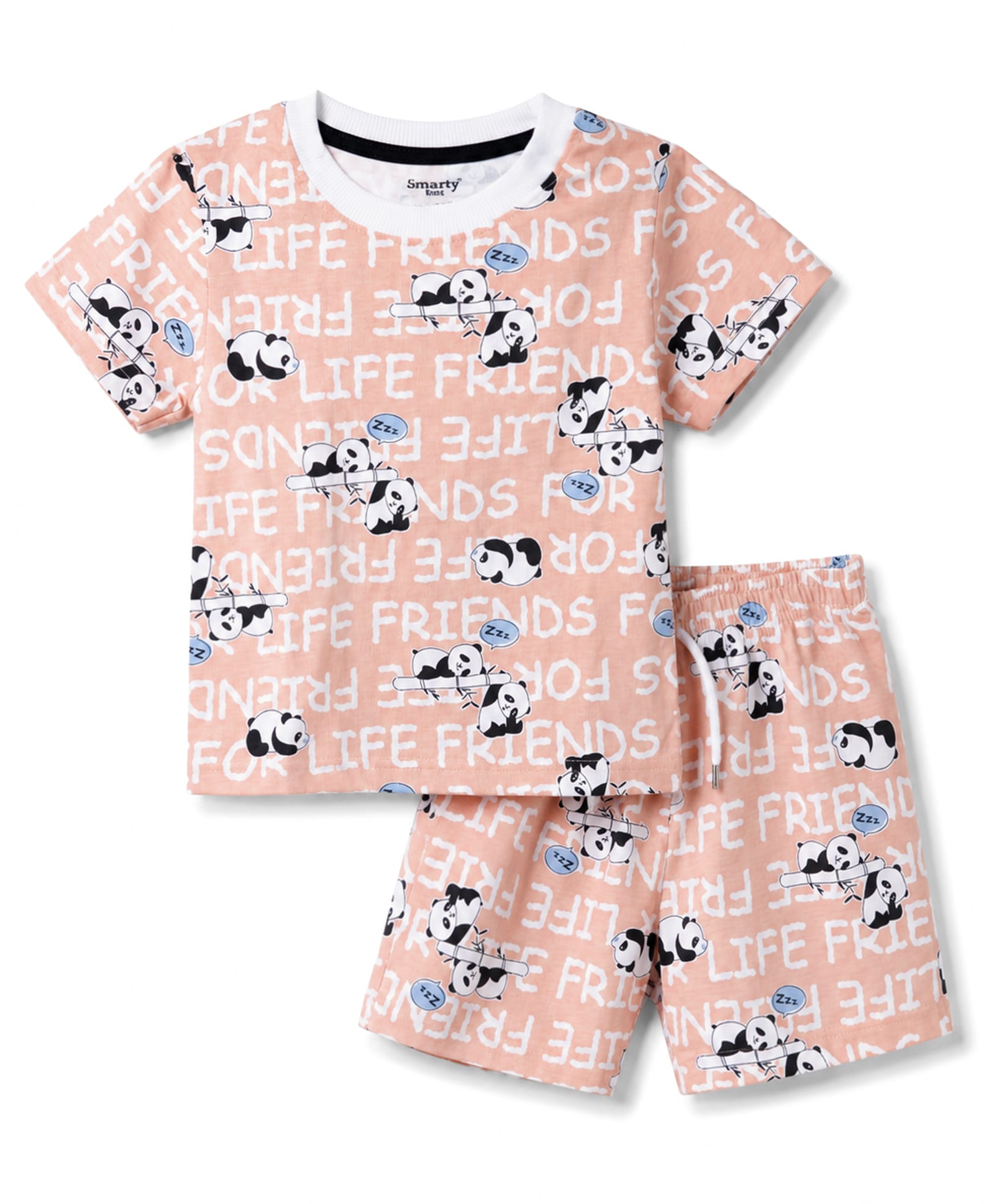 Smarty Boys Knit Half Sleeves Co-Ords T-Shirt & Shorts Night Wear Suit Panda Print - Pink-image-24