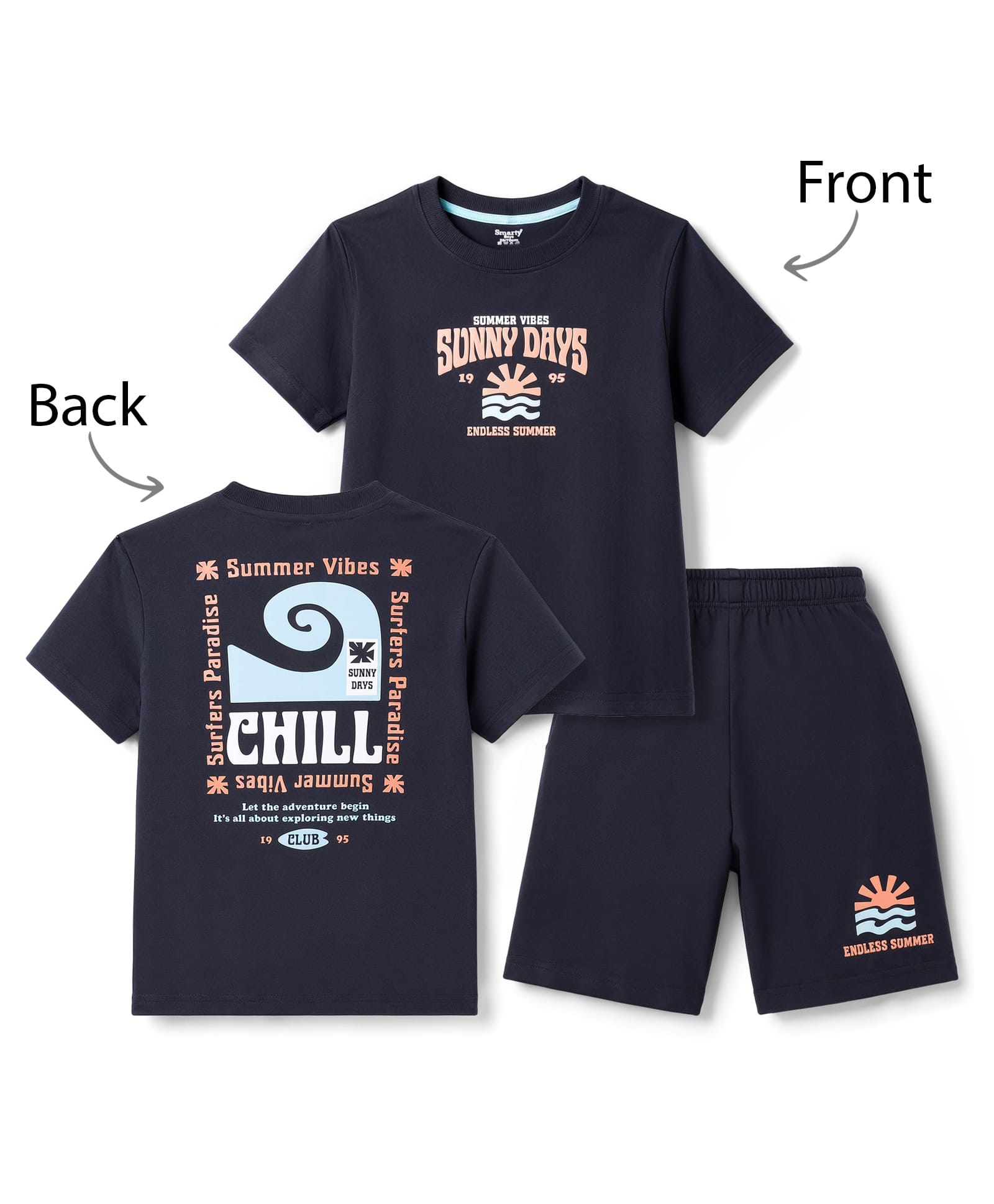 Smarty Boys 100% Cotton Knit Half Sleeves Text Printed T-Shirt & Shorts Night Suit - Navy Blue-image-5