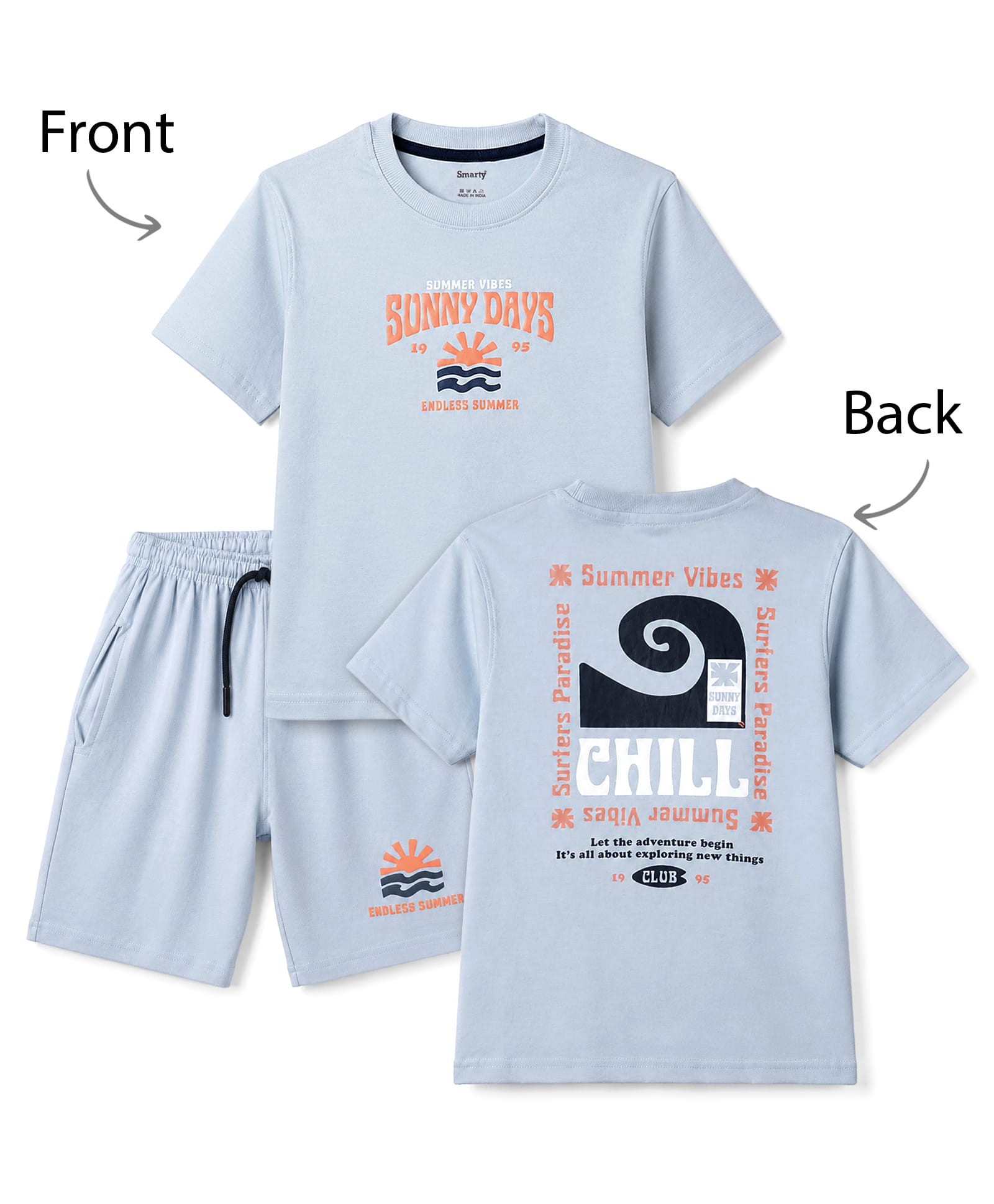 Smarty Boys Knit Half Sleeves T-Shirt & Shorts Night Suit with Sunny Days Print - Sky Blue-image-6