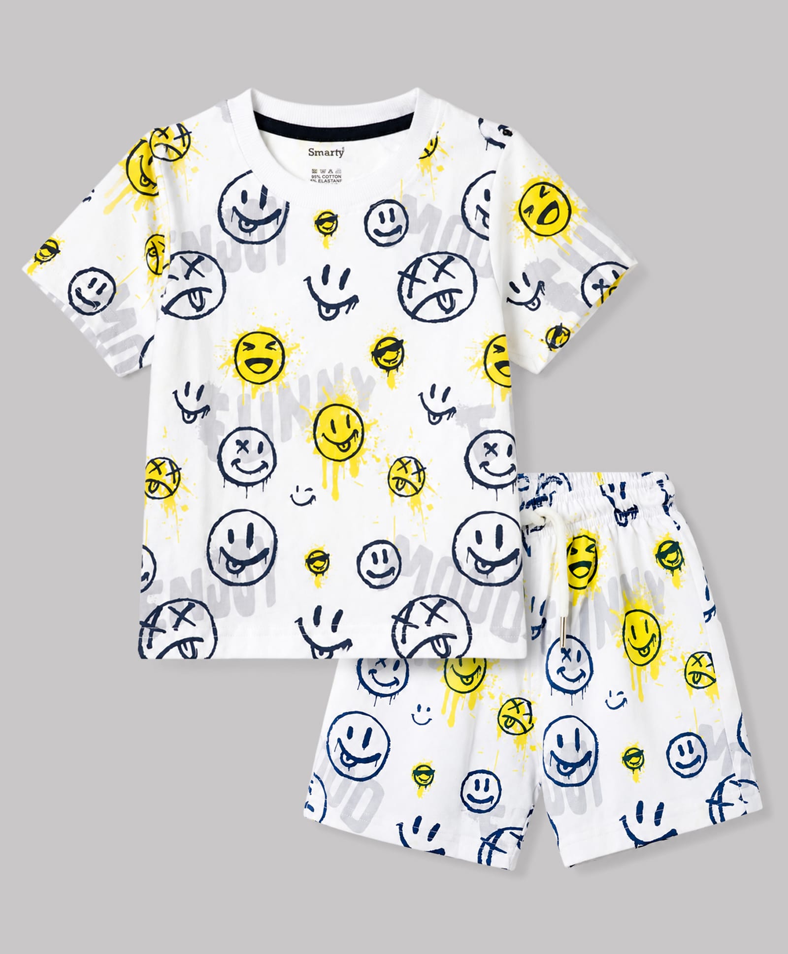 Smarty Boys Knit Half Sleeves T-Shirt & Shorts Co-Ords Night Suit with Smilie Print - Off White-image-20