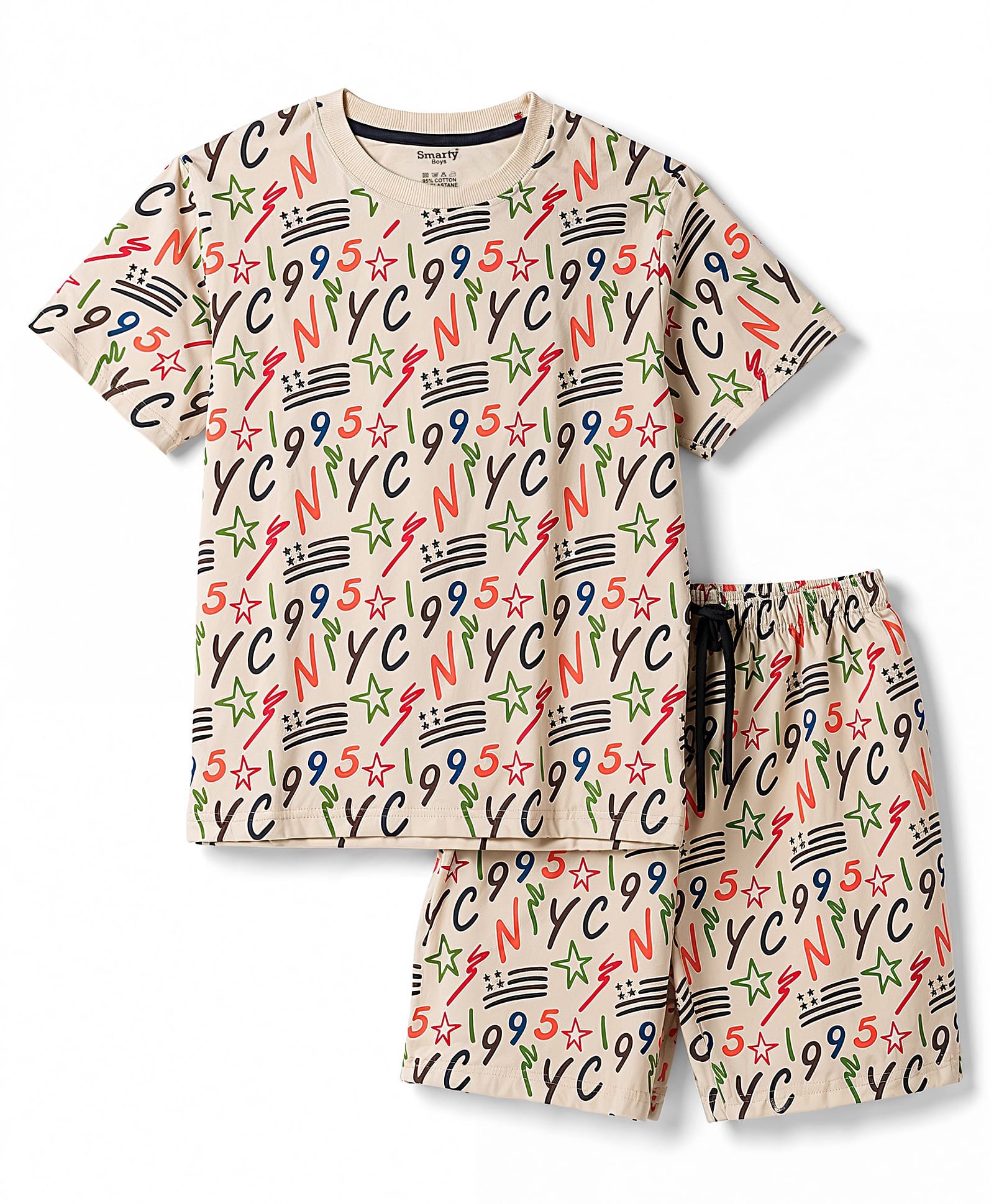 Smarty Boys 100% Cotton Knit Half Sleeves Alphabets & Numbers Printed T-Shirt & Shorts Night Suit - Beige-picture-20