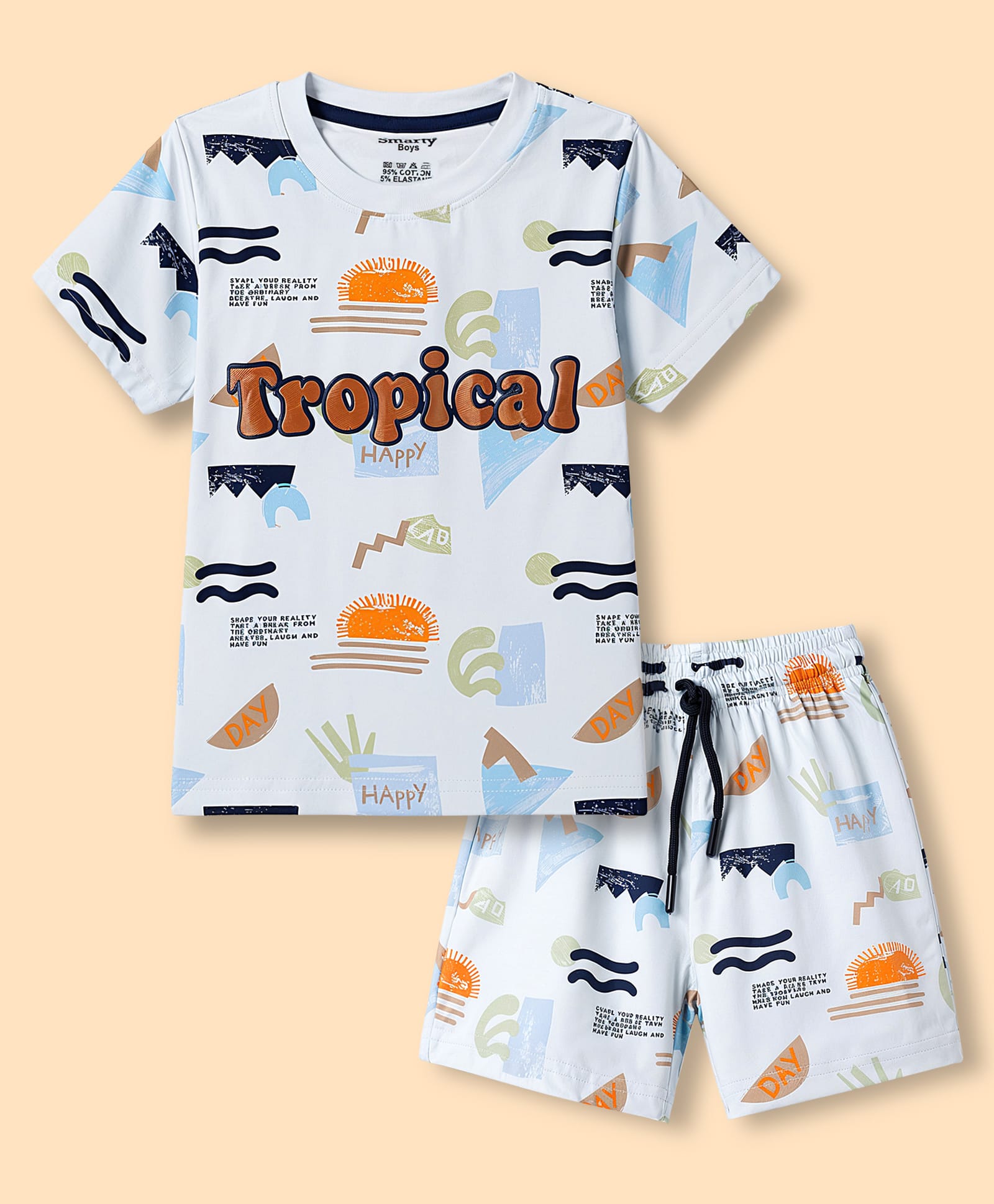 Smarty Boys Knit Half Sleeves Co-Ords T-Shirt & Shorts Night Wear Suit Tropical Theme Print - Light Blue-image-43