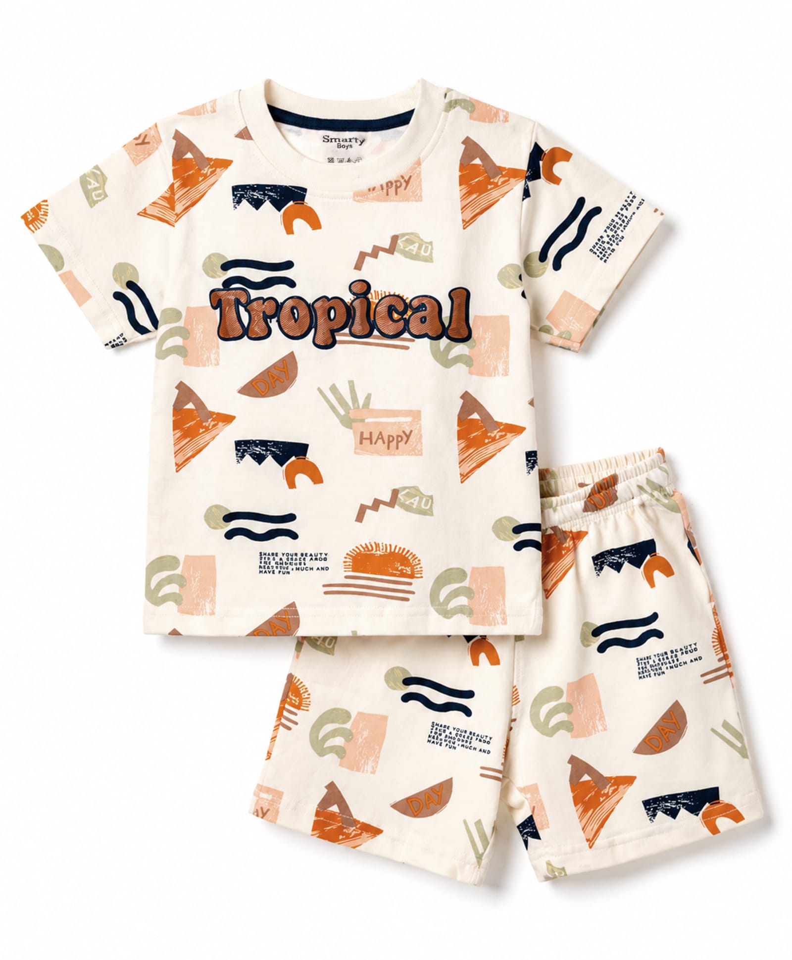 Smarty Boys Knitted Half Sleeves Tropical Theme Printed Co-Ords T-Shirt & Shorts Night Suit - OffWhite-image-28