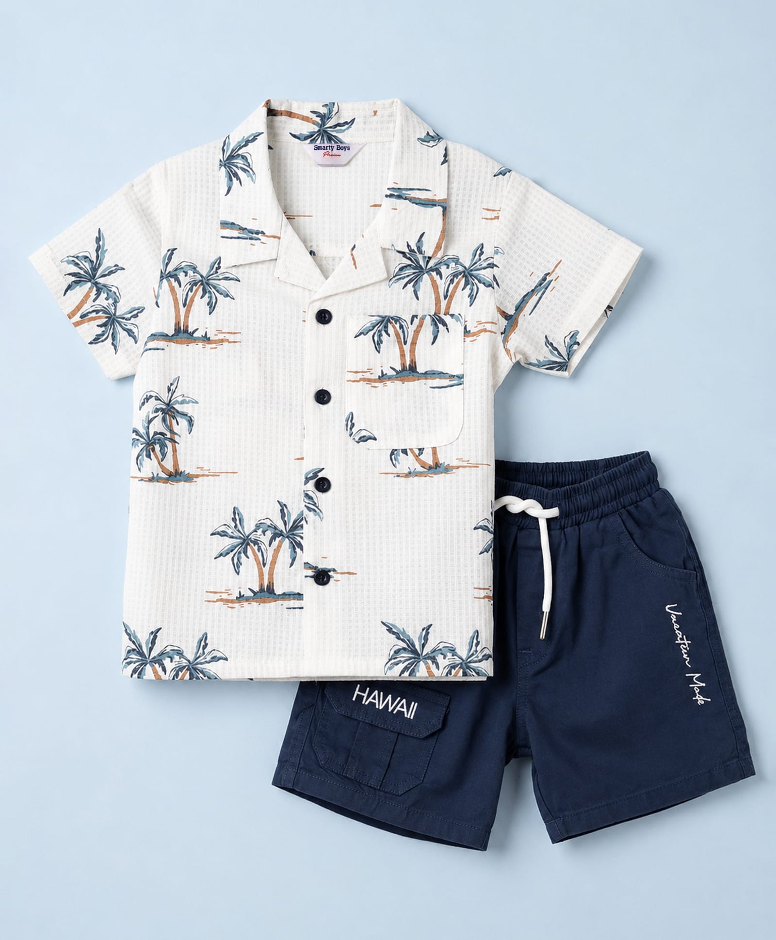 Smarty Boys 100% Cotton Woven Half Sleeves Palm Tree Printed Shirt & Shorts Set - Navy Blue-picture-12