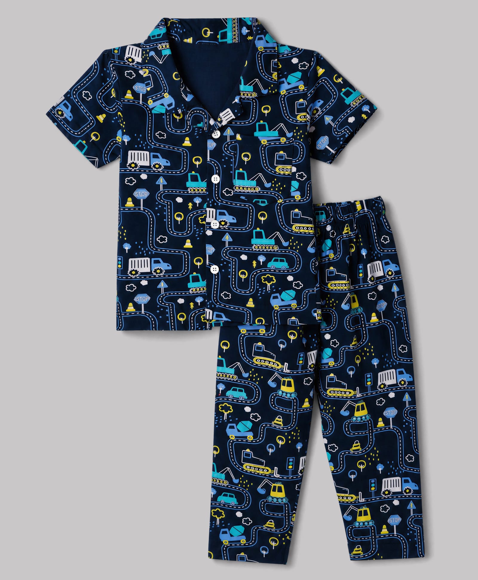 Smarty Boys Knitted Woven Half Sleeves Shirt & Pyjama Co-ords Night Suit With Vehicle Print - Navy Blue-picture-14