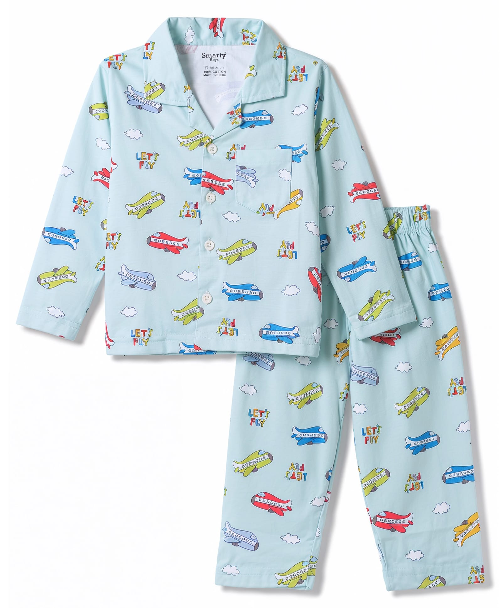 Smarty Boys 100% Cotton Woven Full Sleeves Aeroplane Printed Co-Ords Shirt & Pyjama Night Suit - Sea Green-picture-13