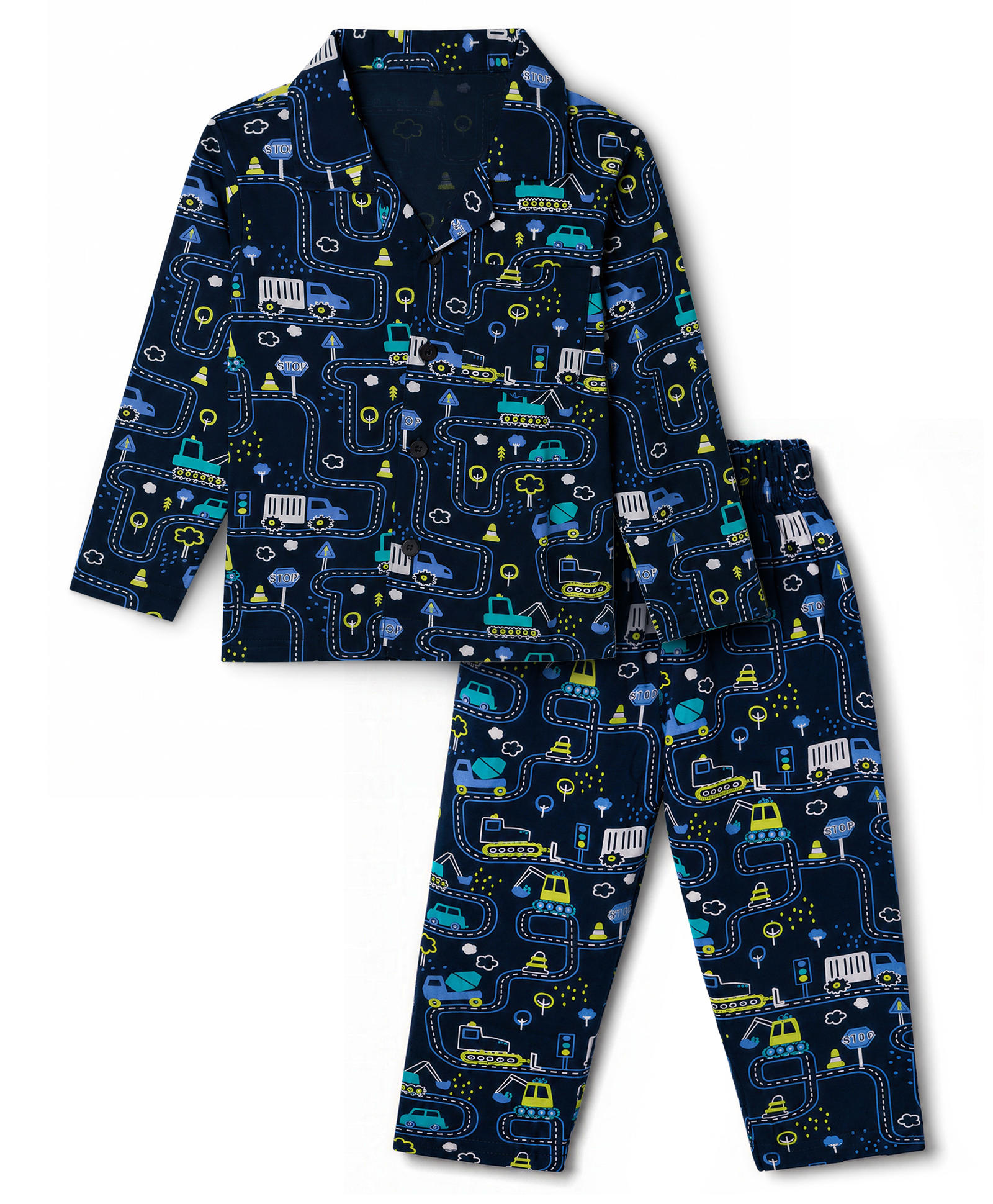 Smarty Boys Woven Full Sleeves Co-Ords Car Printed Shirt & Pajama Night Suit - Navy-picture-13