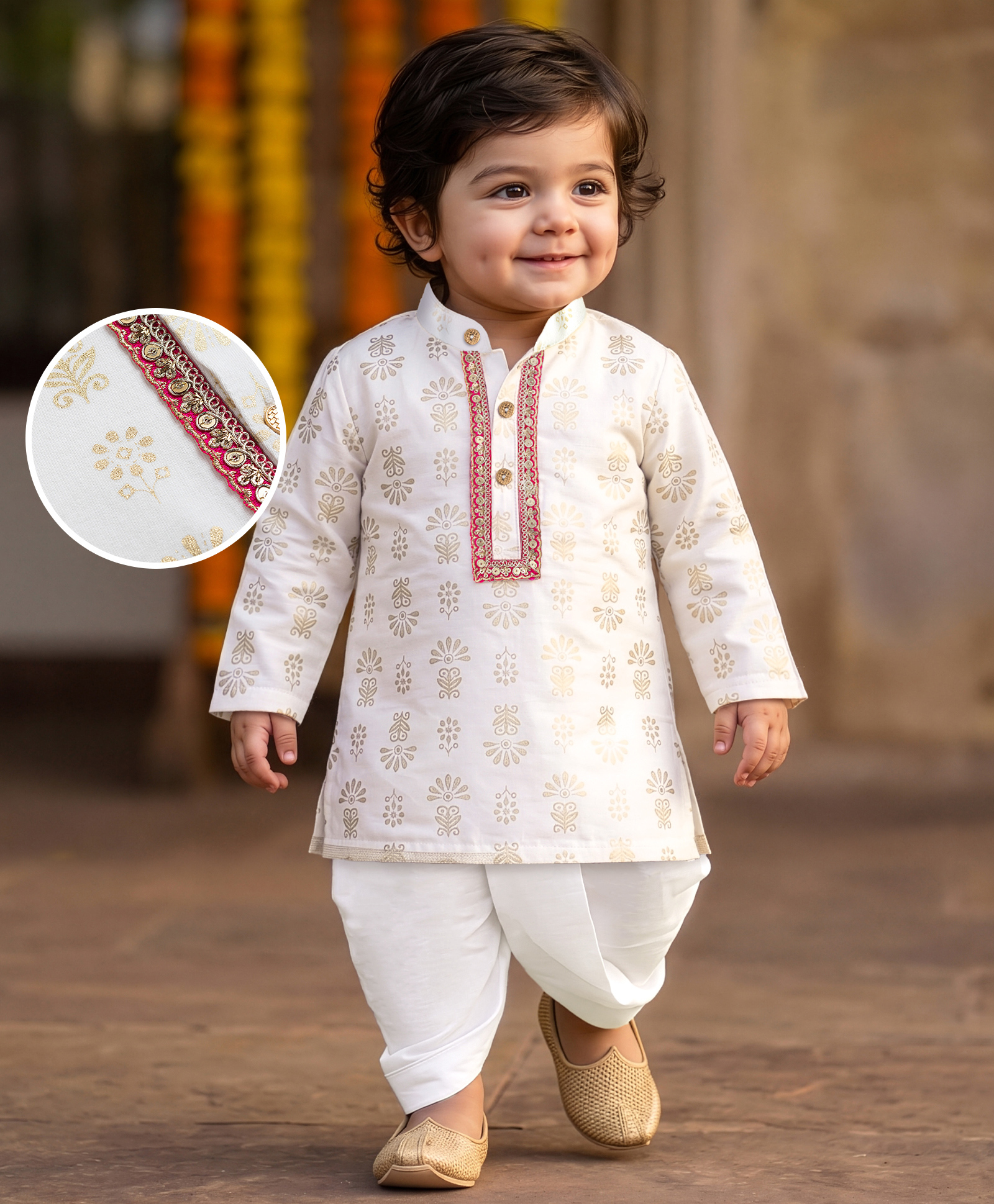 EARTHY TOUCH Cotton Jersey Knit Full Sleeves Floral Foil Printed Kurta Dhoti Set with Embroidered & Sequinned Neck Line - White-picture-14