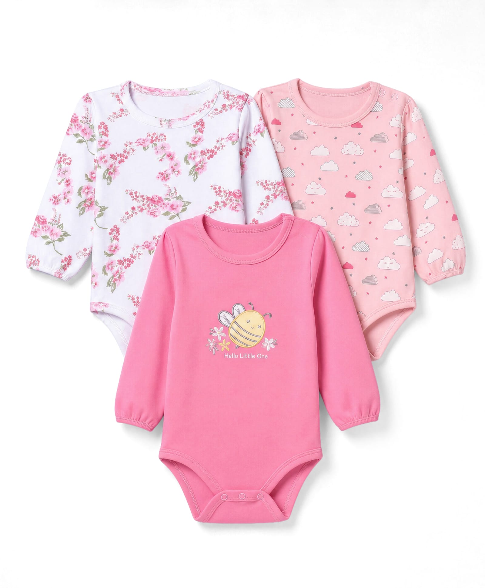 Babyhug 100% Cotton Interlock Knit Full Sleeves Onesies With Floral, Cloud & Bee Print Pack of 3 - White, Pink & Light Pink-image-29