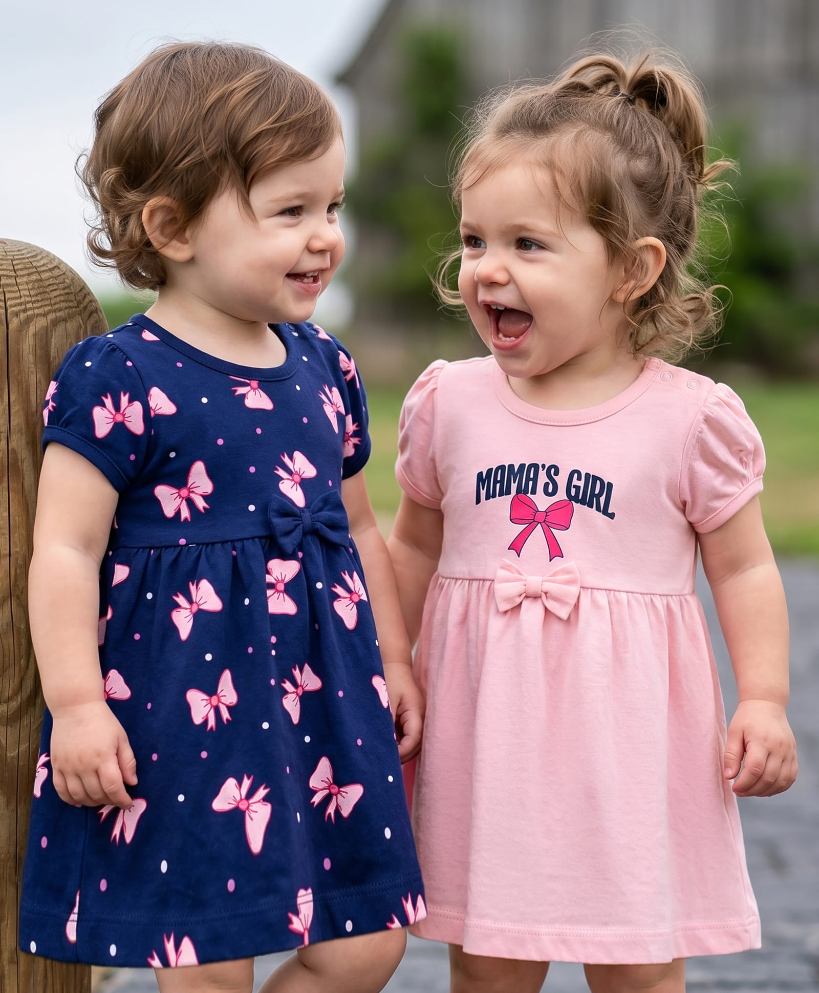 Doodle Poodle Cotton Knit Half Sleeves Frocks With Bow Print Pack Of 2 - Dark Pink & Navy Blue-image-46