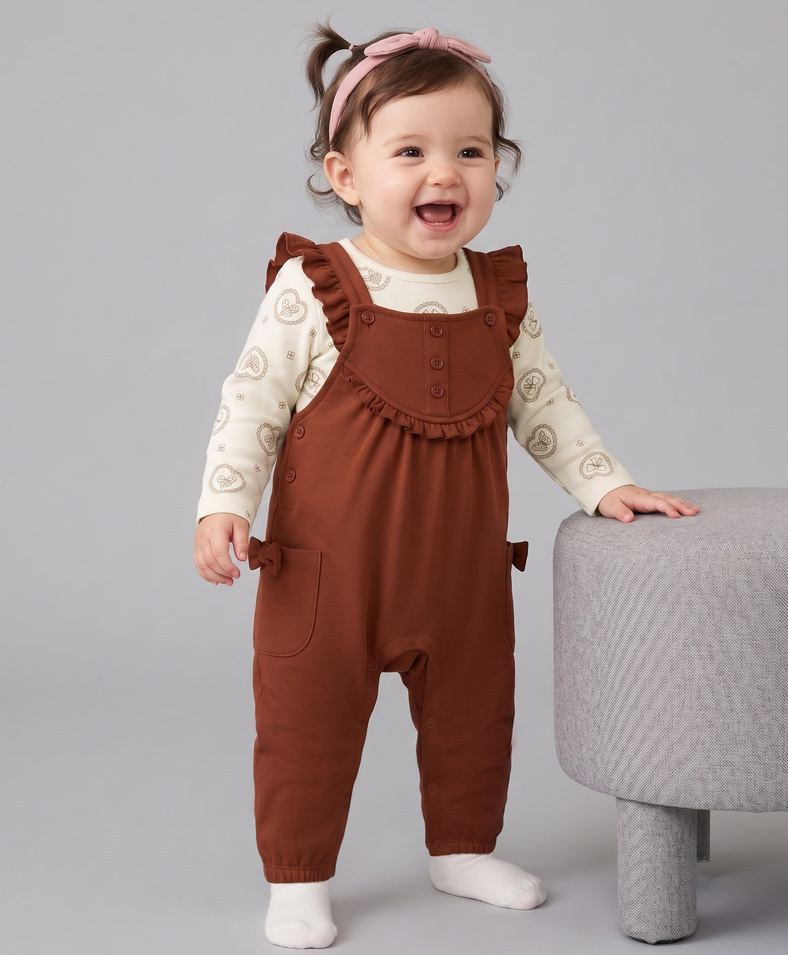 Babyoye 100% Cotton Knit With Eco Jiva Finish Floral Printed Full Sleeve Dungaree With Inner Tee Set - Brown-picture-35