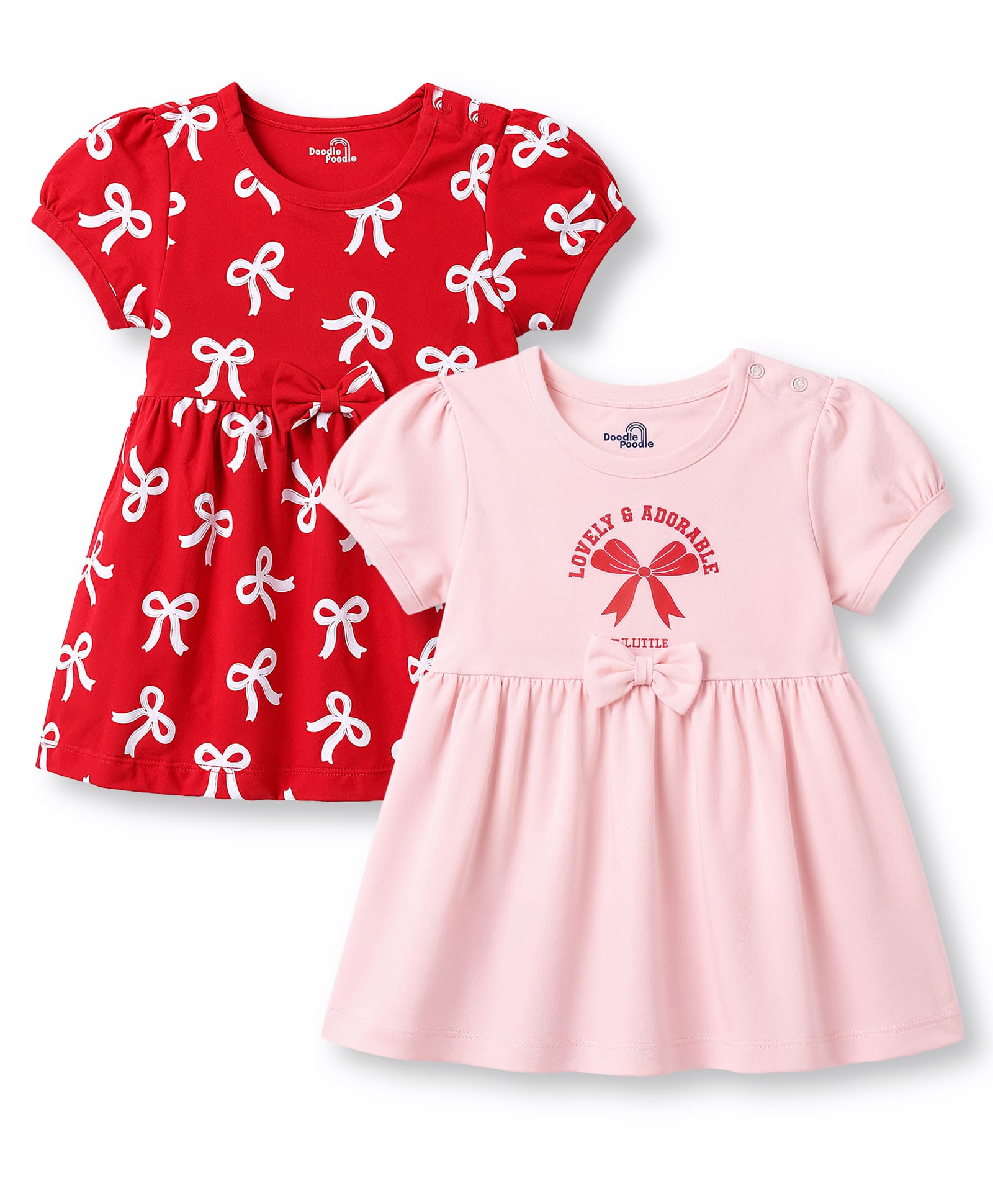 Doodle Poodle Cotton Single Jersey Knit Half Sleeves Frock with Bow Print & Applique Pack of 2 - Red & Pink-picture-17