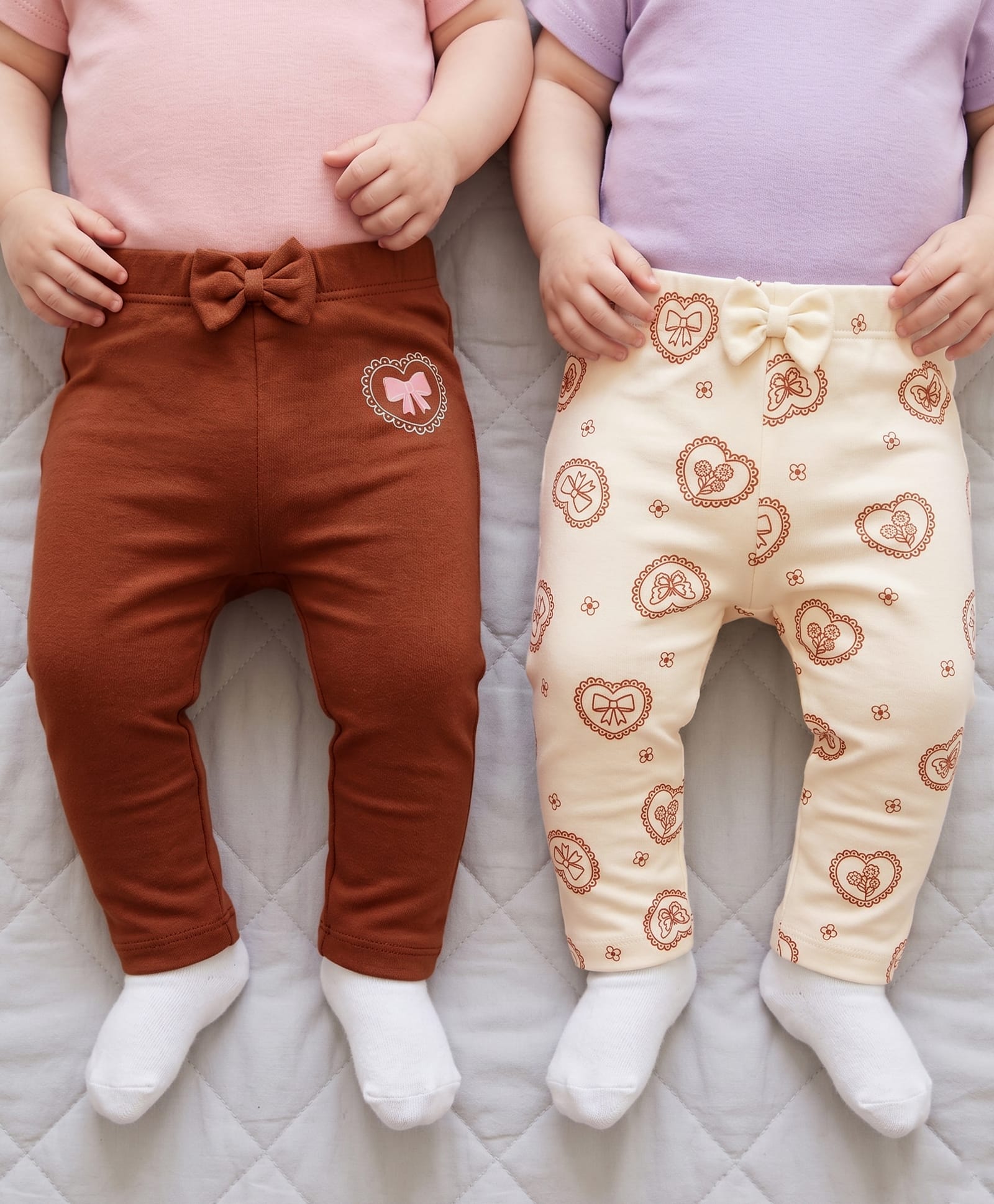 Babyoye 100% Cotton Interlock Knit With Eco Jiva Finish Full Length Leggings with Heart & Butterfly Print Pack of 2 - Cream & Brown-picture-16