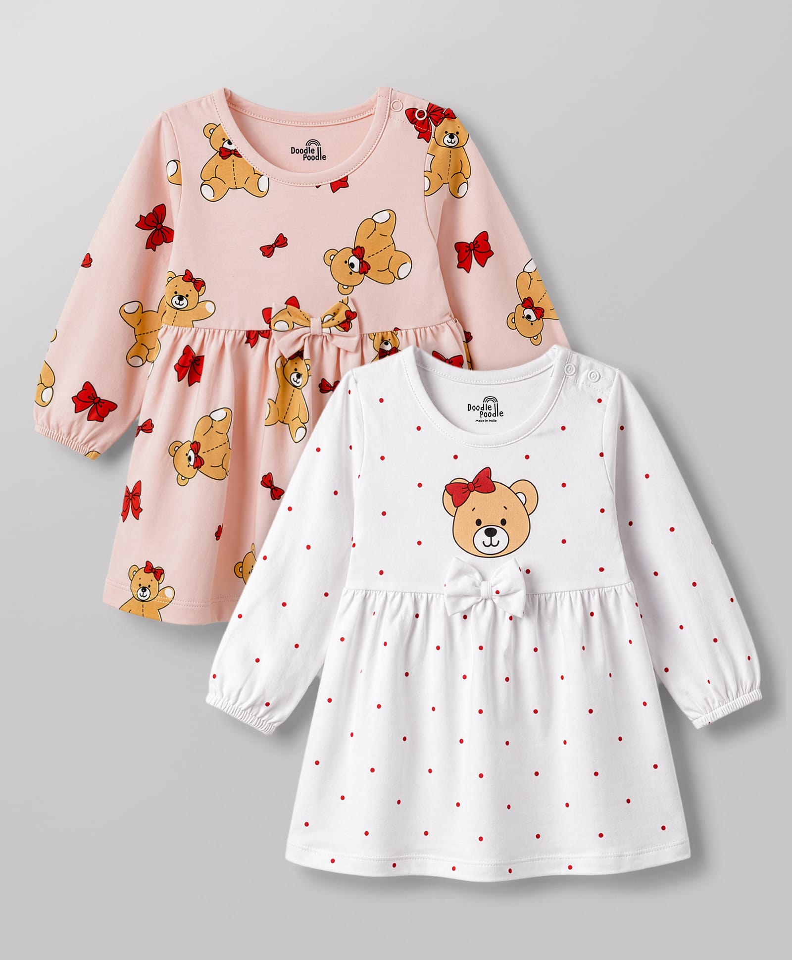 Doodle Poodle 100% Cotton Single Jersey Knit Full Sleeves Frock Teddy Print Pack of 2 - Light Pink & White-picture-28
