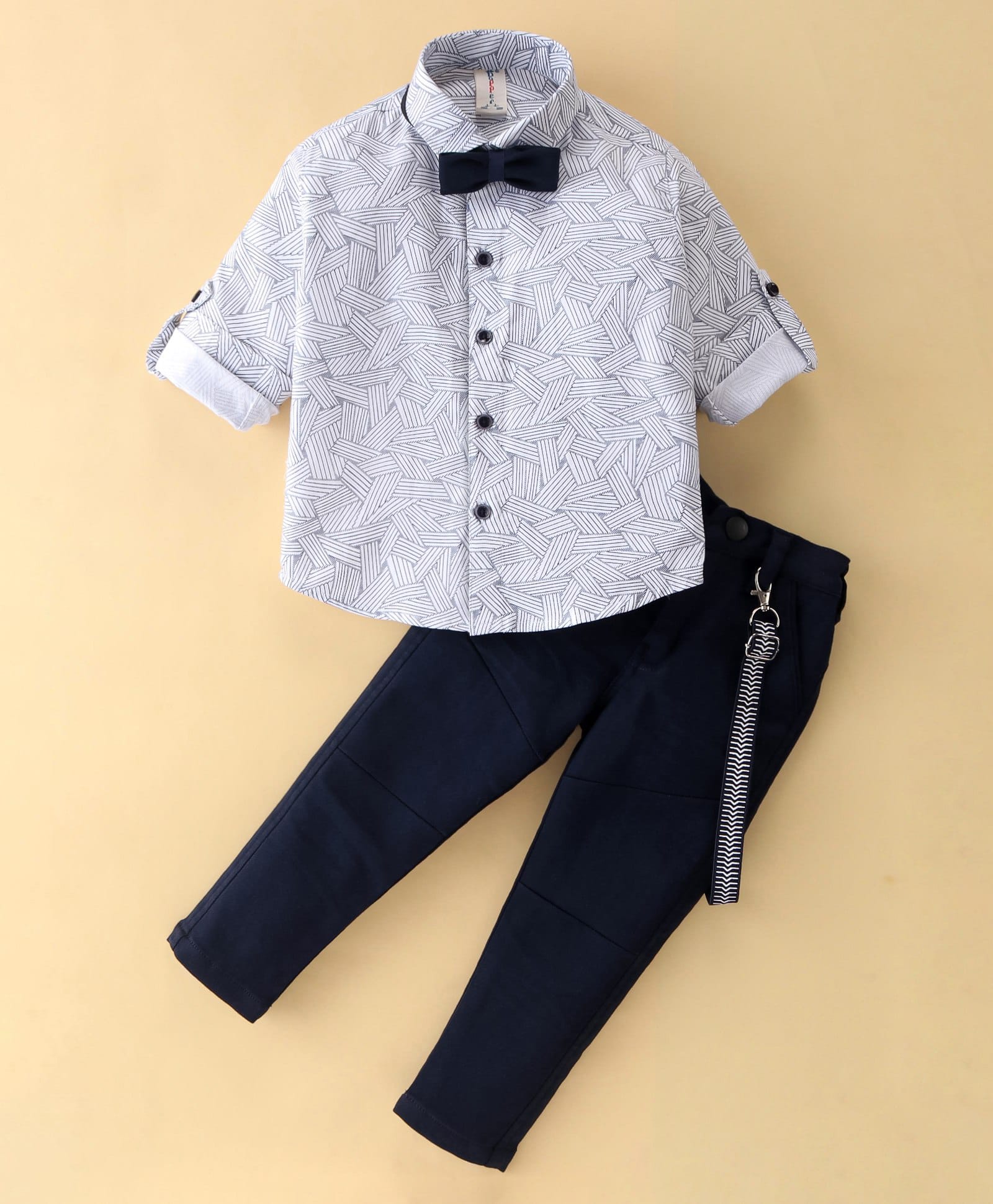 Dapper Dudes Woven Full Sleeves Printed Shirt & Trouser Set With Bow & Suspender - White-image-26