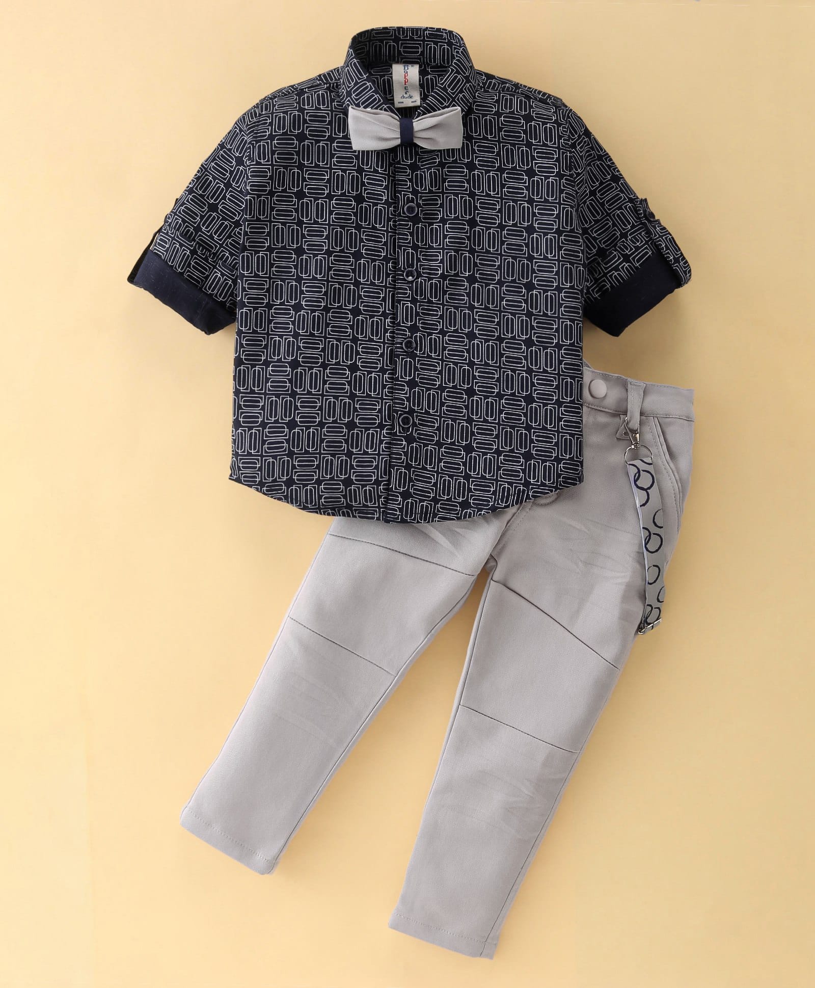 Dapper Dudes Knit Full Sleeves Abstract Printed Shirt & Trouser Set with Bow & Suspender - Grey & Navy-picture-28