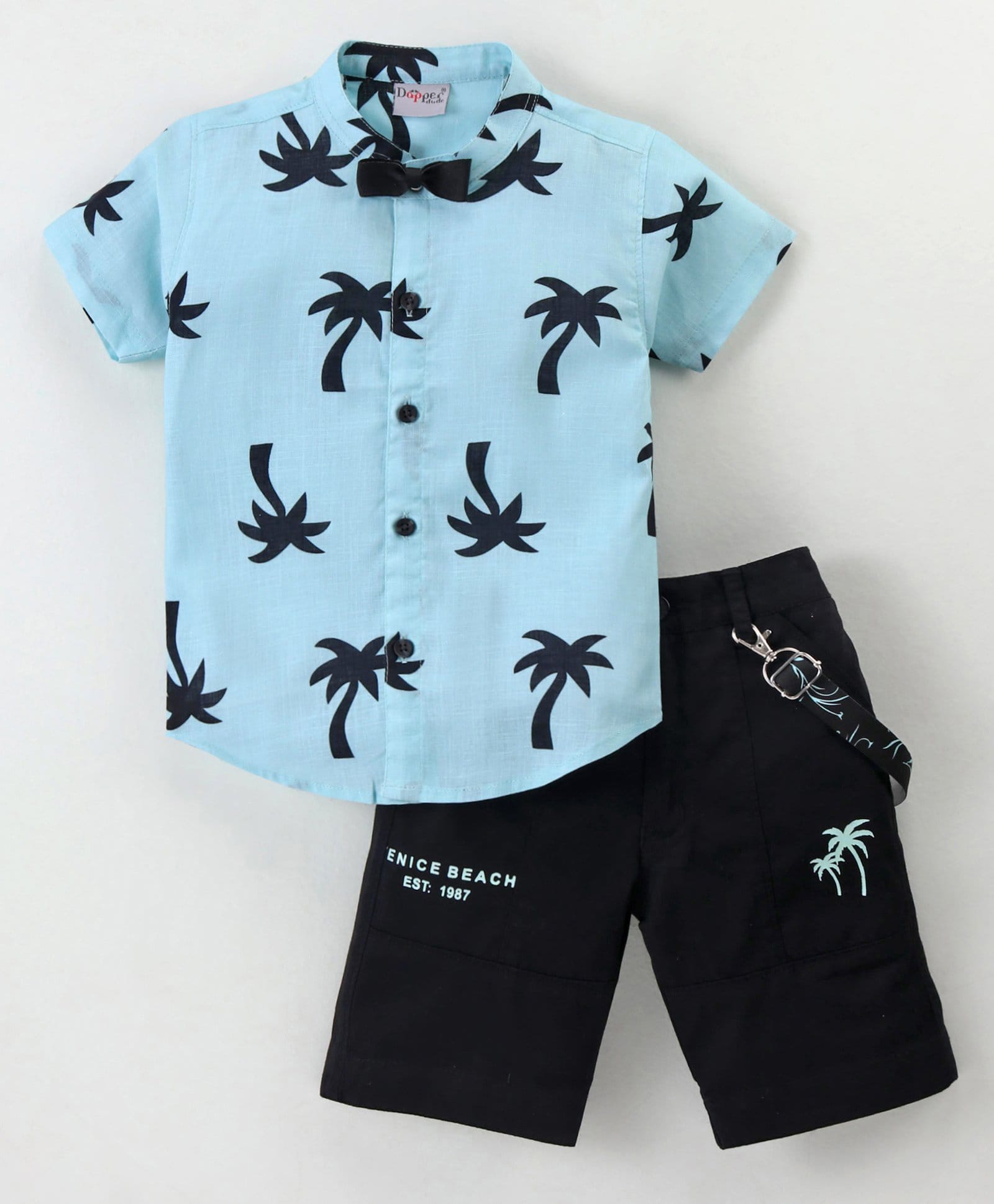 Dapper Dudes Woven Half Sleeves Palm Tree Printed Shirt & Shorts Set With Bow & Suspender - Sea Green-image-18