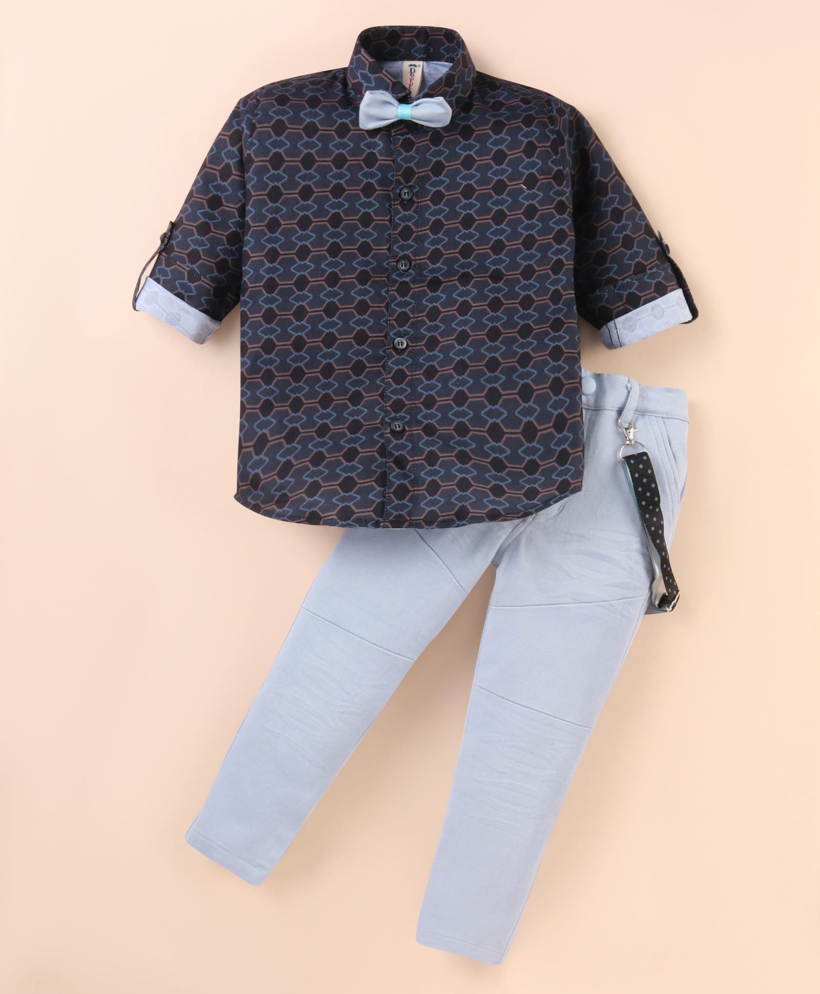 Dapper Dudes Woven Full Sleeves Printed Shirt & Trouser Set with Suspender & Bow - Charcoal Grey-image-28