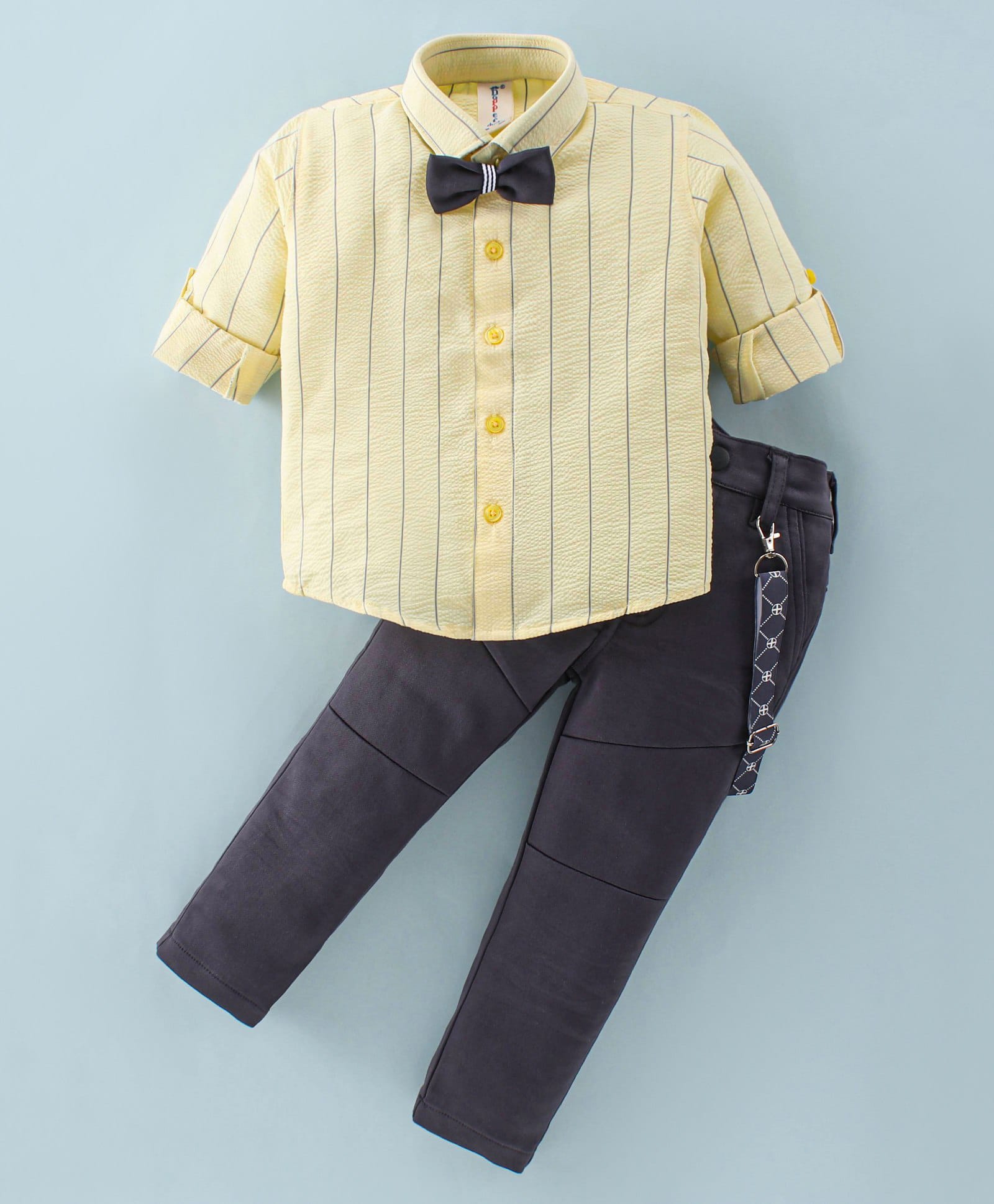 Dapper Dudes Woven Full Sleeves Striped Shirt & Pant Set With Suspender & Bow - Yellow-picture-24