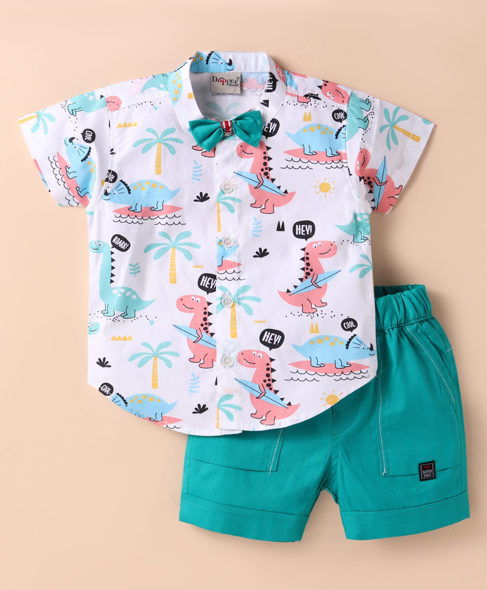 Dapper Dudes Cotton Knit Half Sleeves Dino Print Shirt With Bow & Shorts - Green-image-21