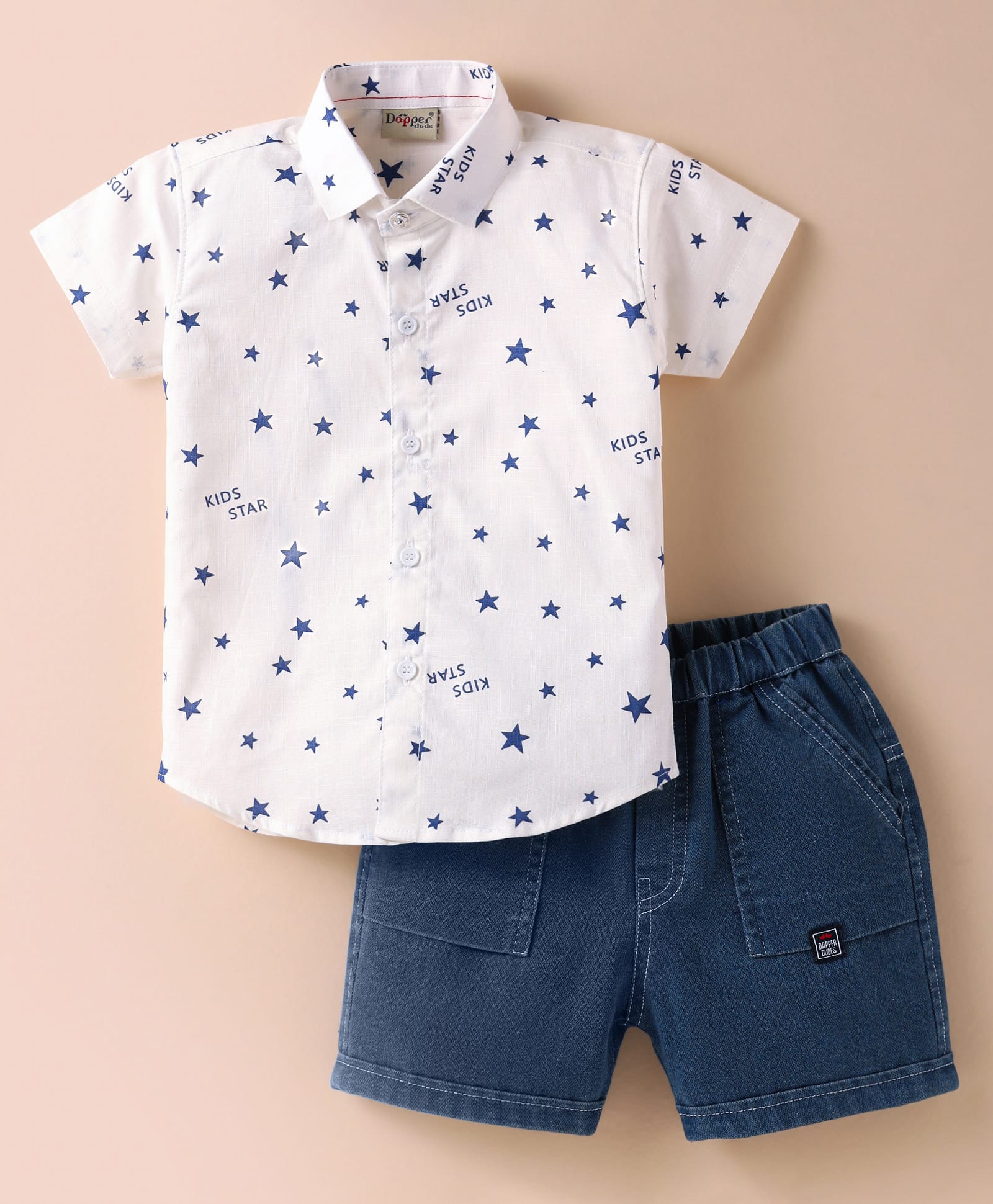 Dapper Dudes Cotton Knit Half Sleeves Shirt & Shorts Set With Star Print & Bow Applique - White-picture-21